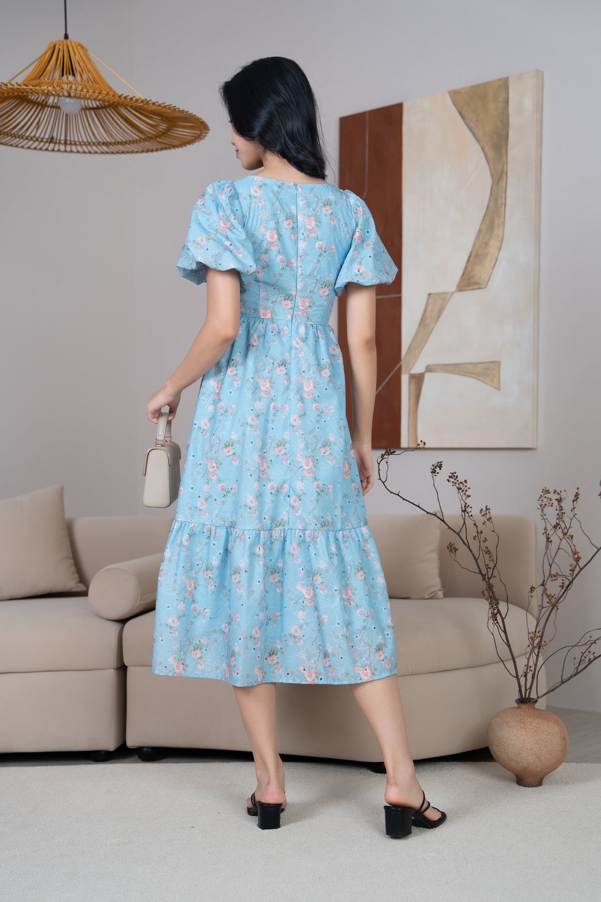 Marlene Floral Eyelet Pouf Sleeves Dress in Sky