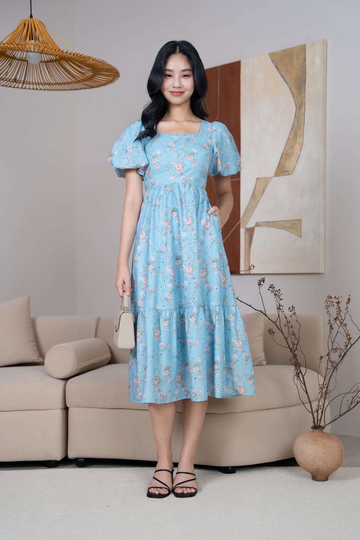 Marlene Floral Eyelet Pouf Sleeves Dress in Sky