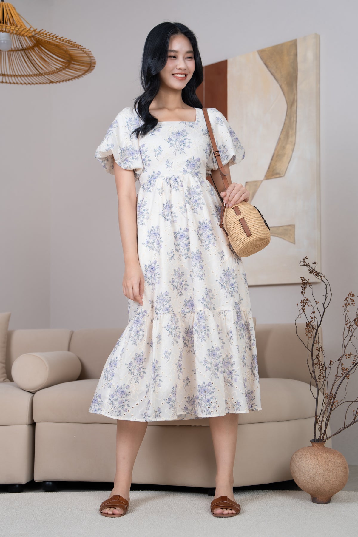 Marlene Floral Eyelet Pouf Sleeves Dress in Indigo