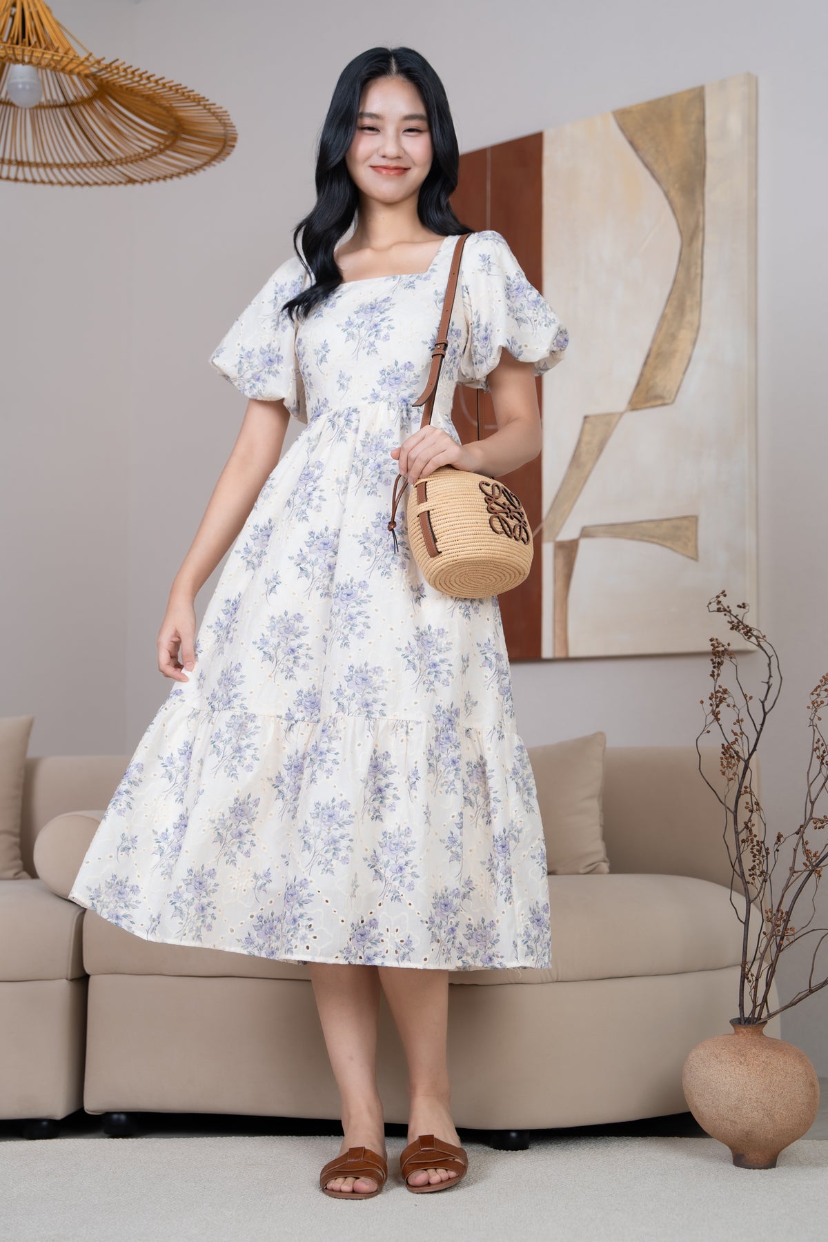 Marlene Floral Eyelet Pouf Sleeves Dress in Indigo