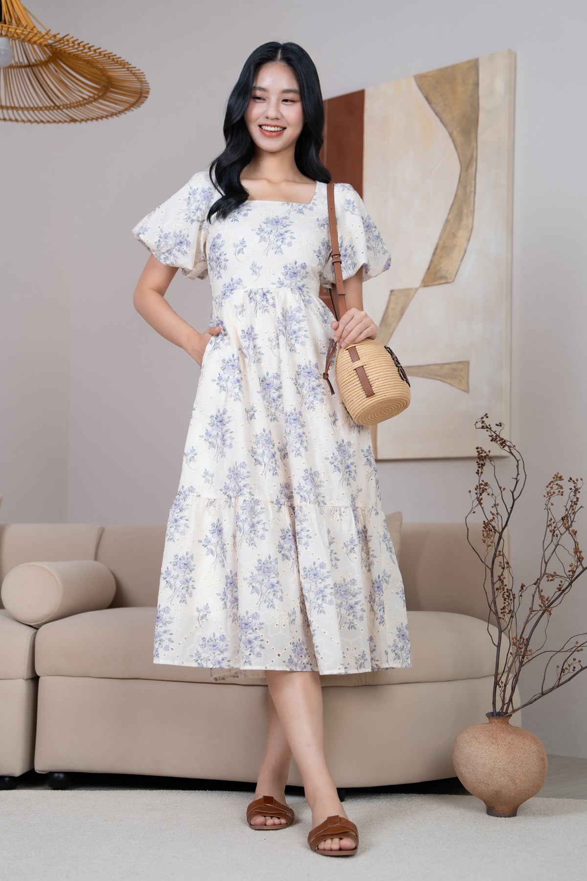 Marlene Floral Eyelet Pouf Sleeves Dress in Indigo