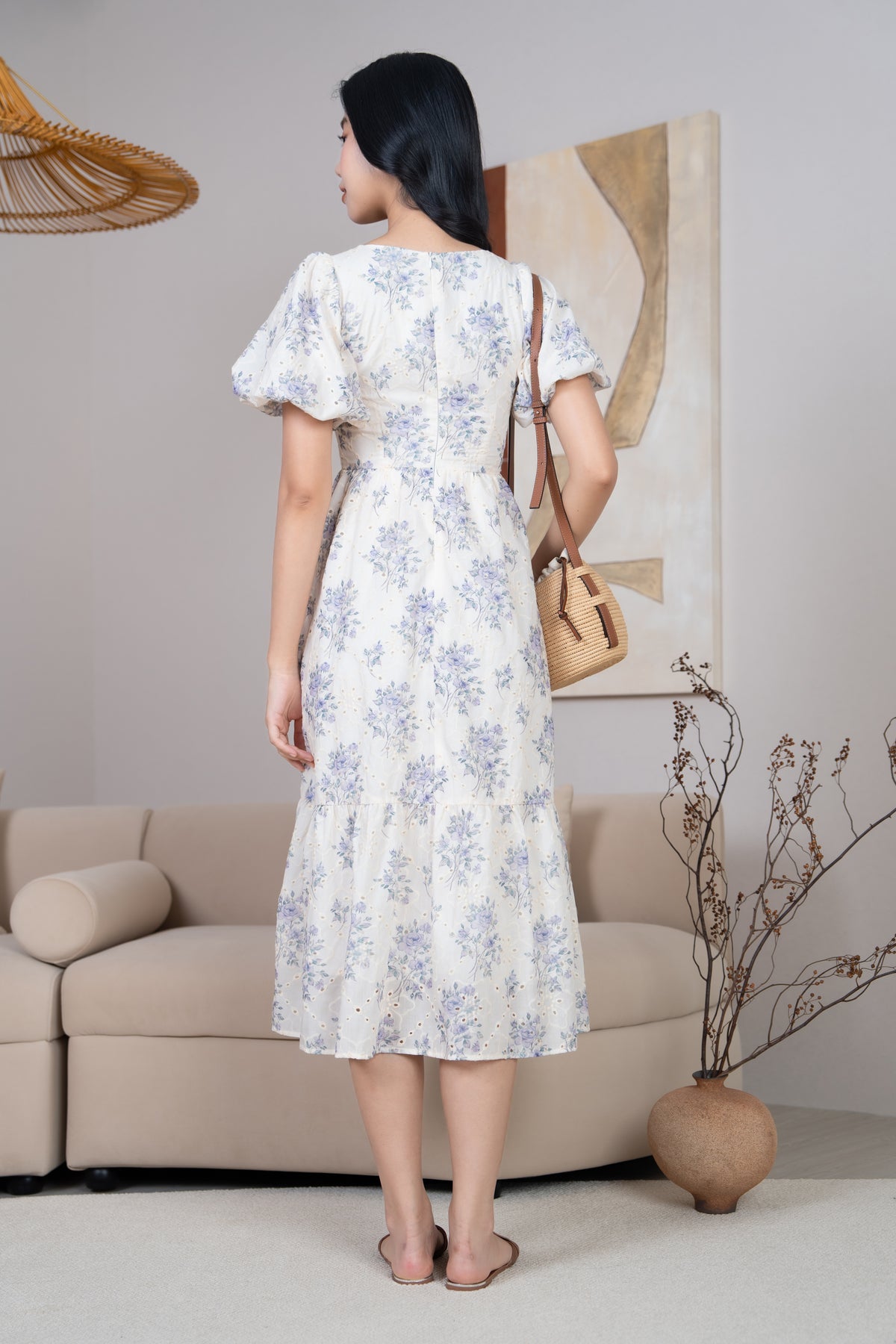 Marlene Floral Eyelet Pouf Sleeves Dress in Indigo