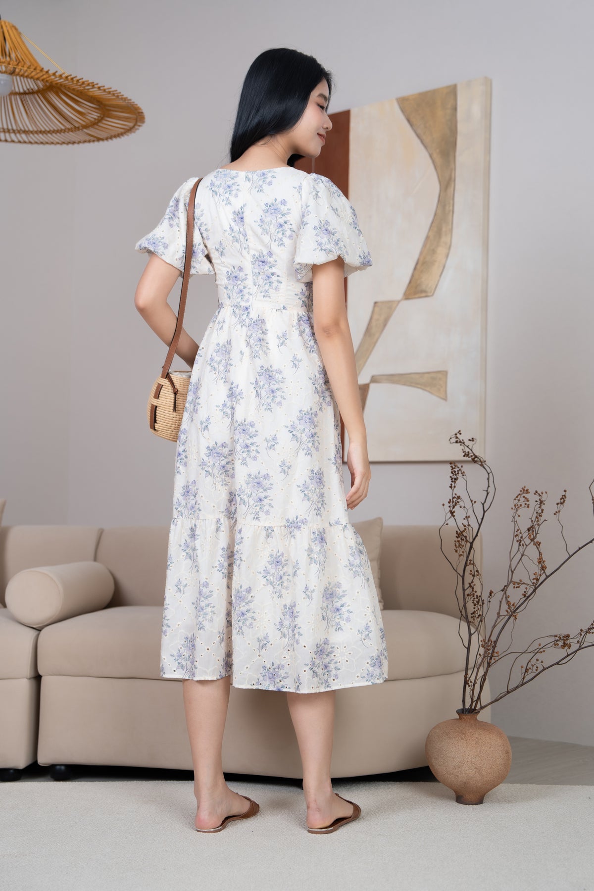 Marlene Floral Eyelet Pouf Sleeves Dress in Indigo