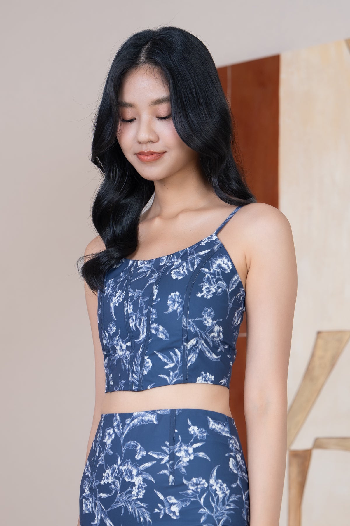 Floral Corset Spag Top in Navy