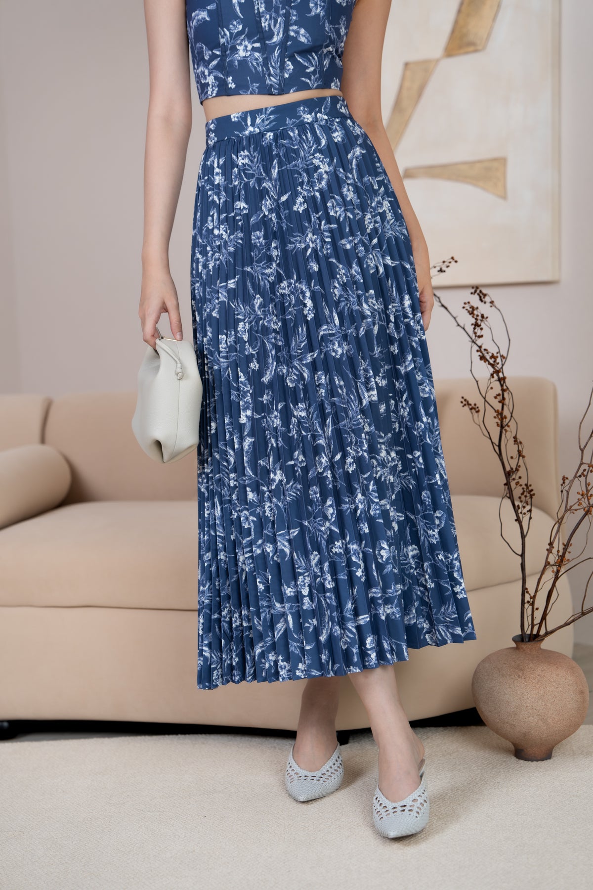 Floral Pleated Skirt in Navy