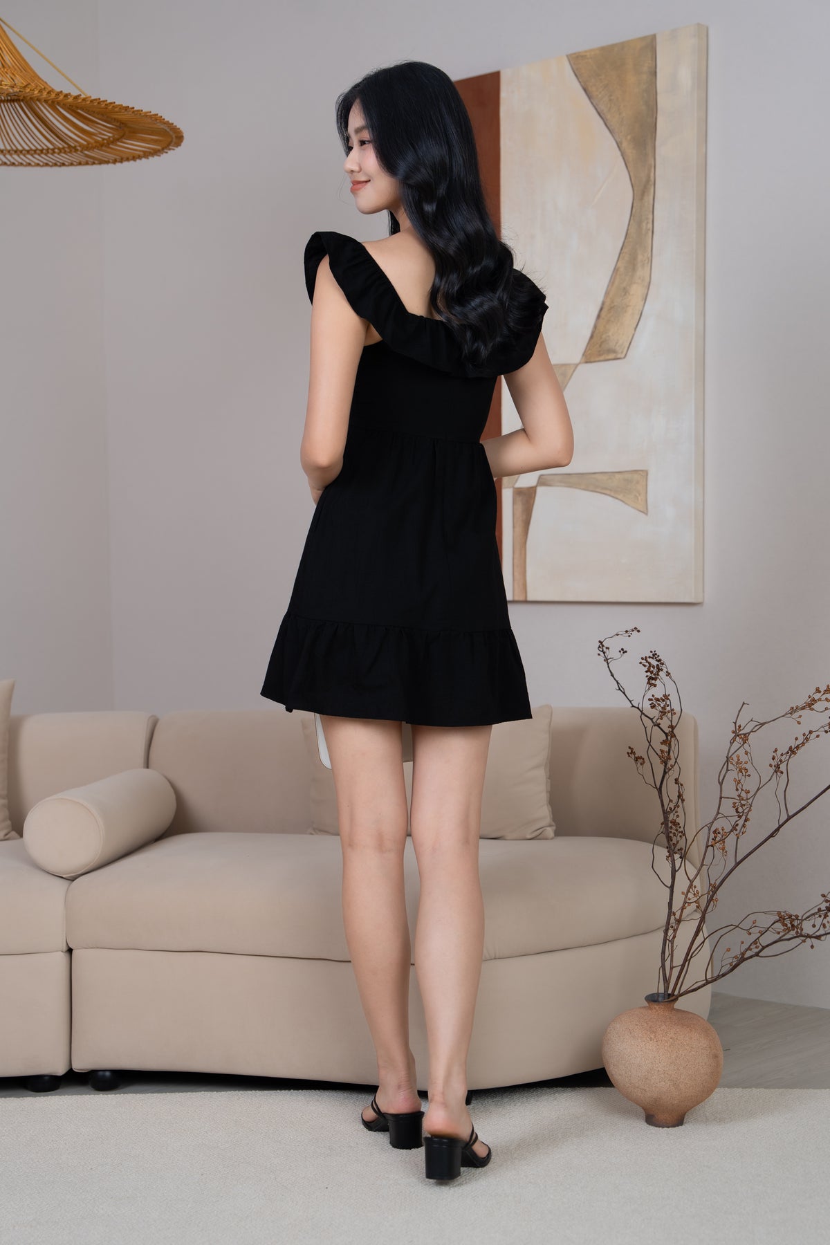 Cora Ruffle Off Shoulder Playsuit Dress in Black