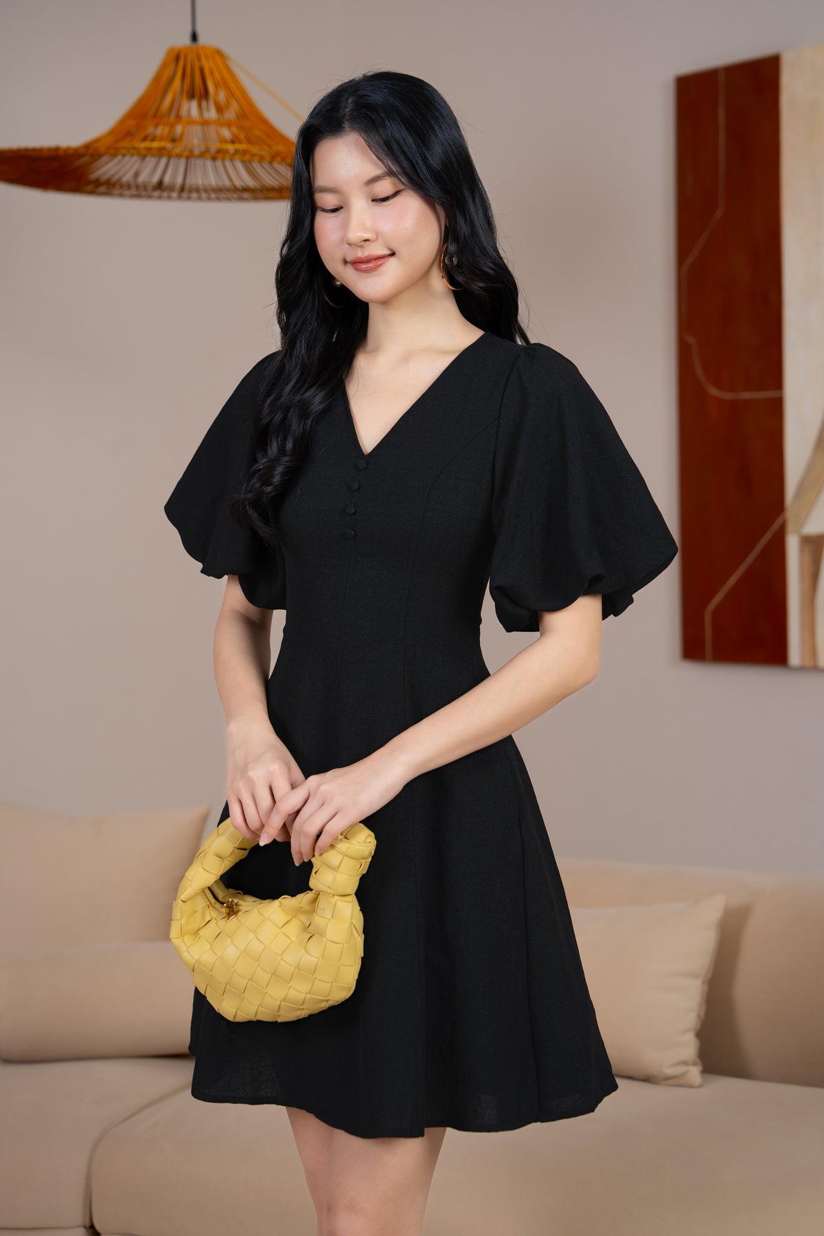 Layla Button Pouf Sleeves Dress in Black