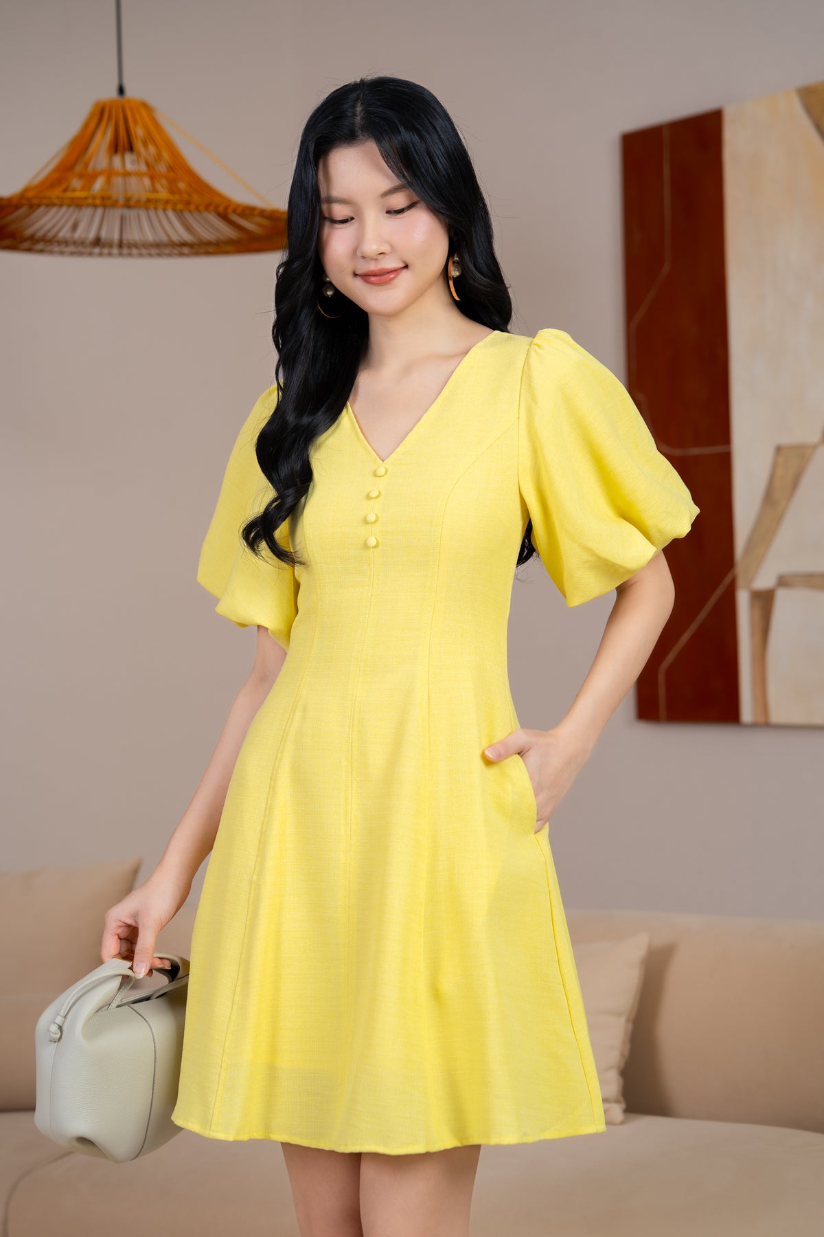 Layla Button Pouf Sleeves Dress in Daffodil