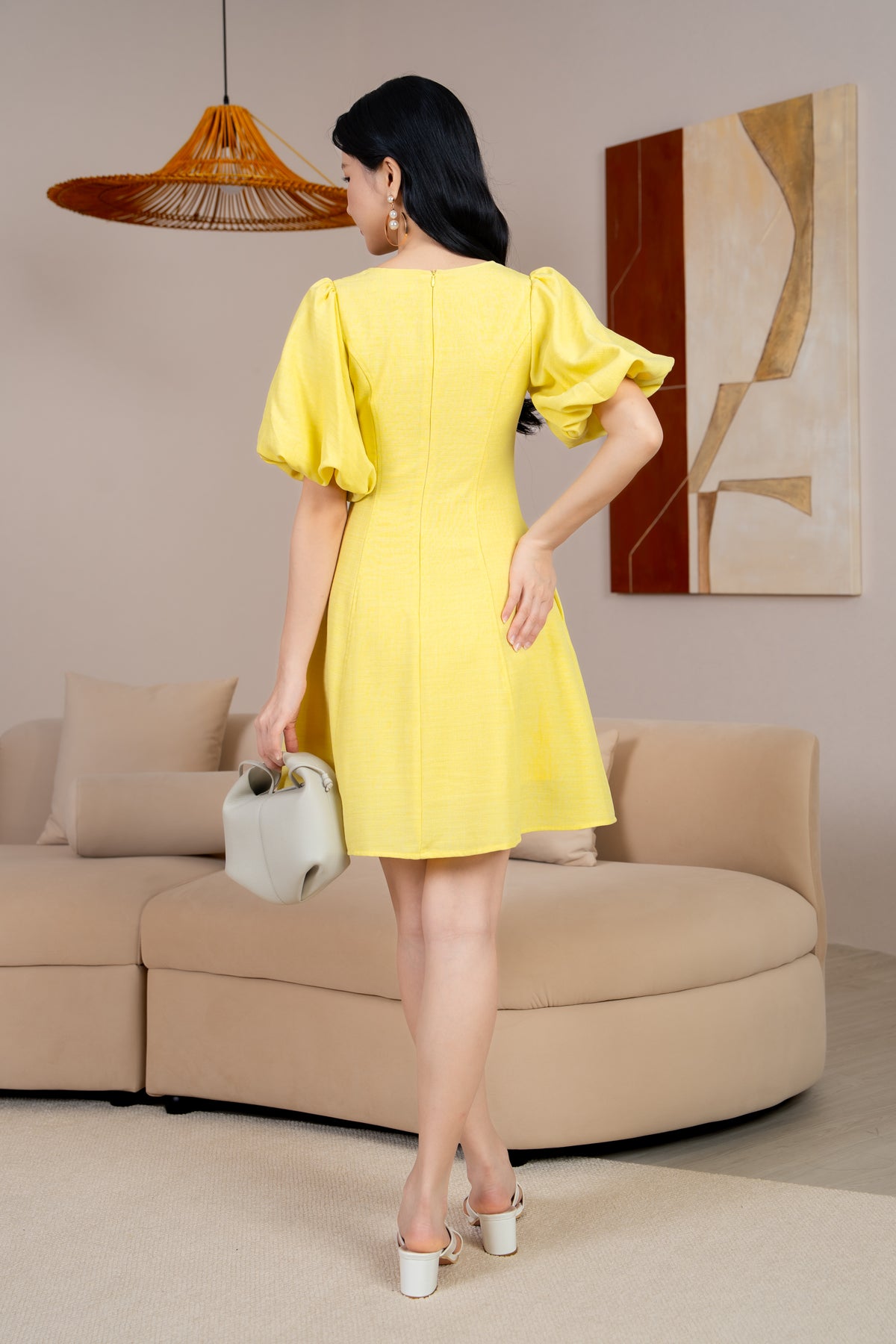 Layla Button Pouf Sleeves Dress in Daffodil