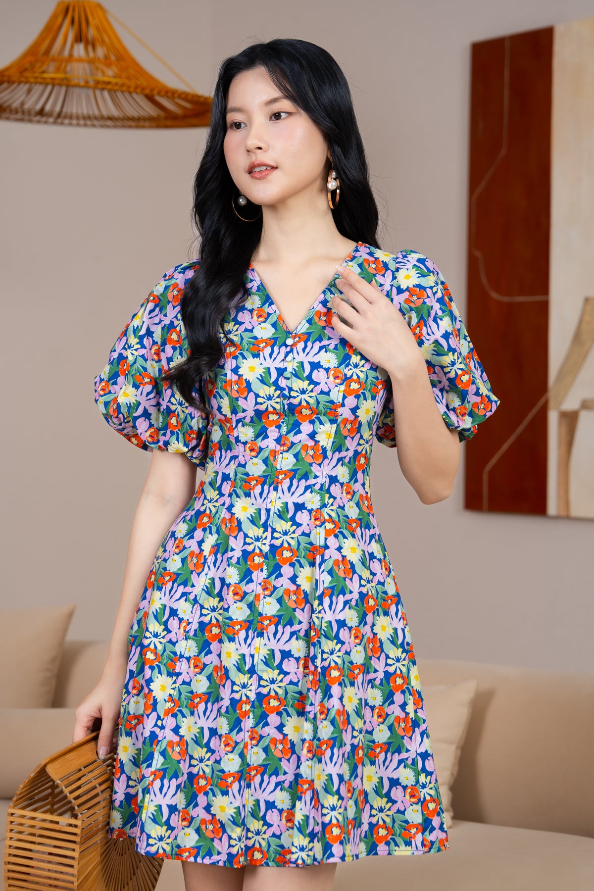 Layla Button Pouf Sleeves Dress in Blue Florals