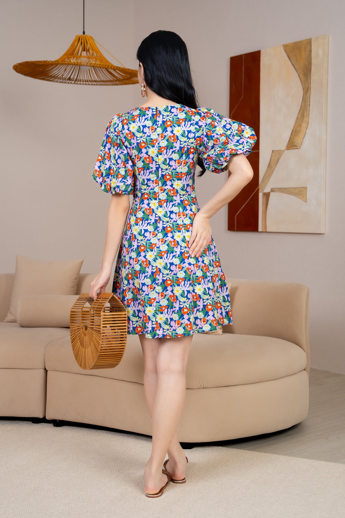 Layla Button Pouf Sleeves Dress in Blue Florals