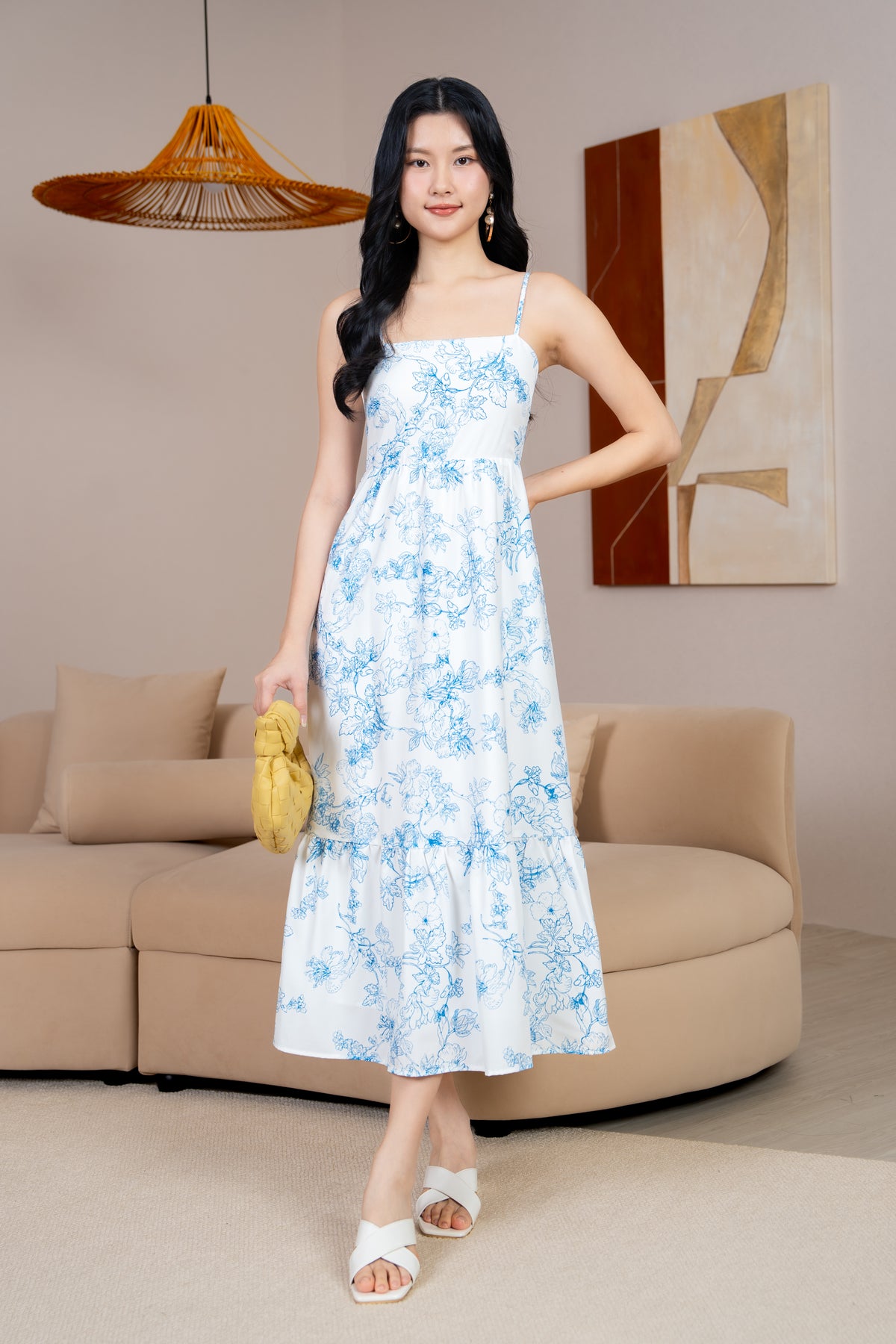 Sophie Floral Strappy Drophem Dress in Blue Prints