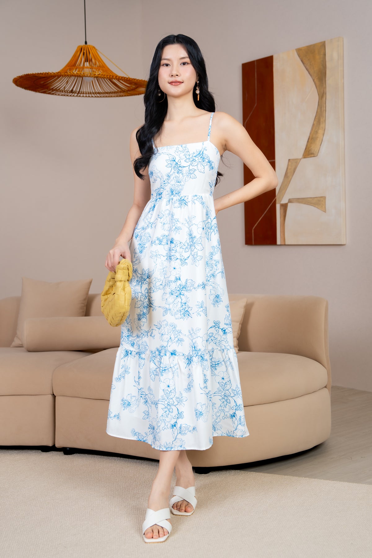 Sophie Floral Strappy Drophem Dress in Blue Prints