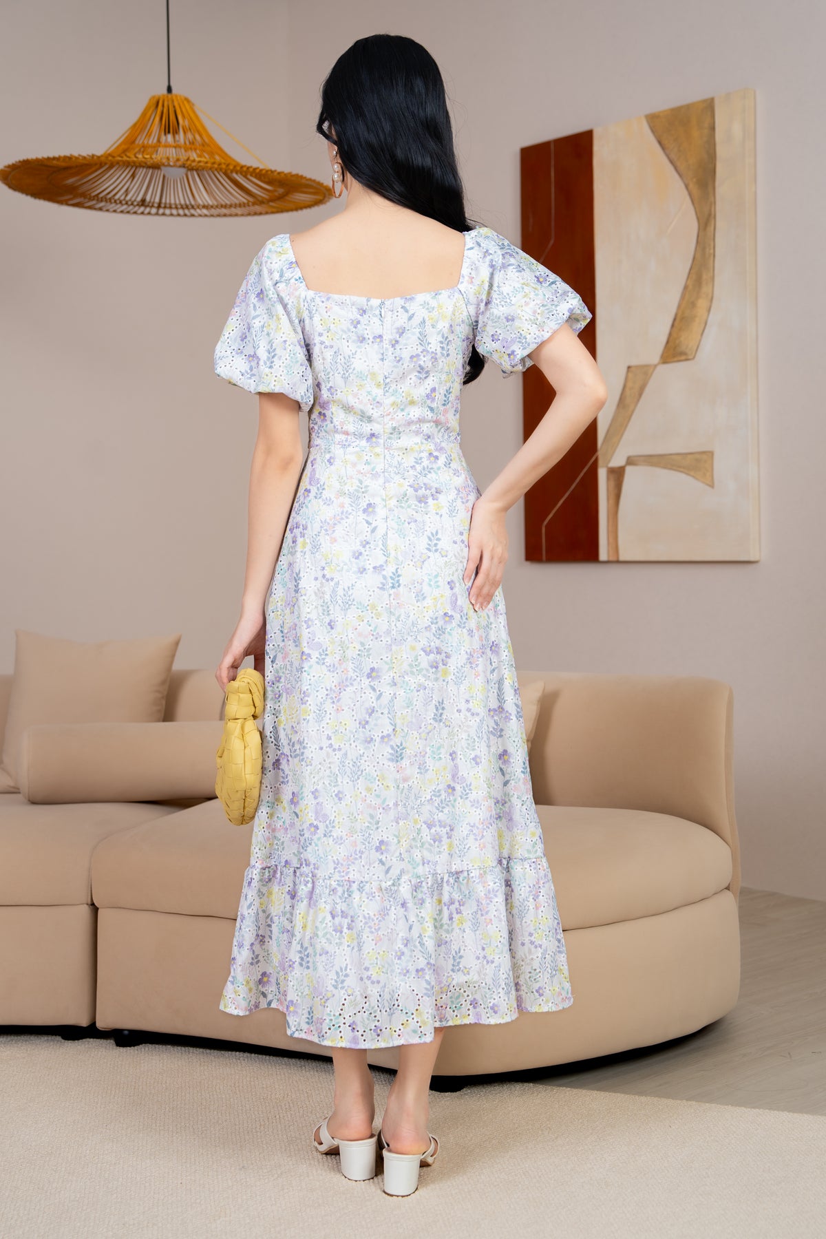 Cindy Floral Eyelet Ruched Dress in Lilac Lime