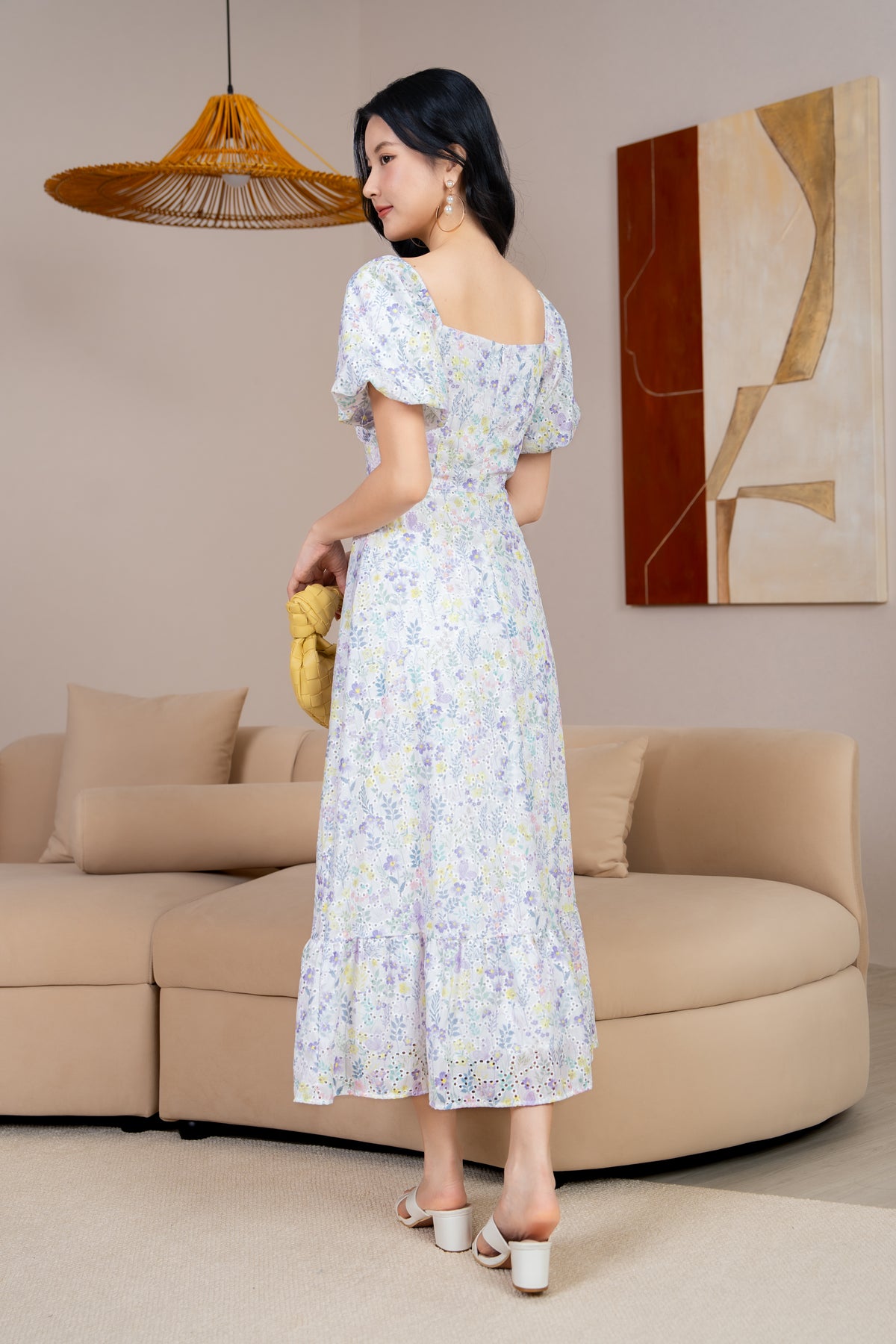 Cindy Floral Eyelet Ruched Dress in Lilac Lime