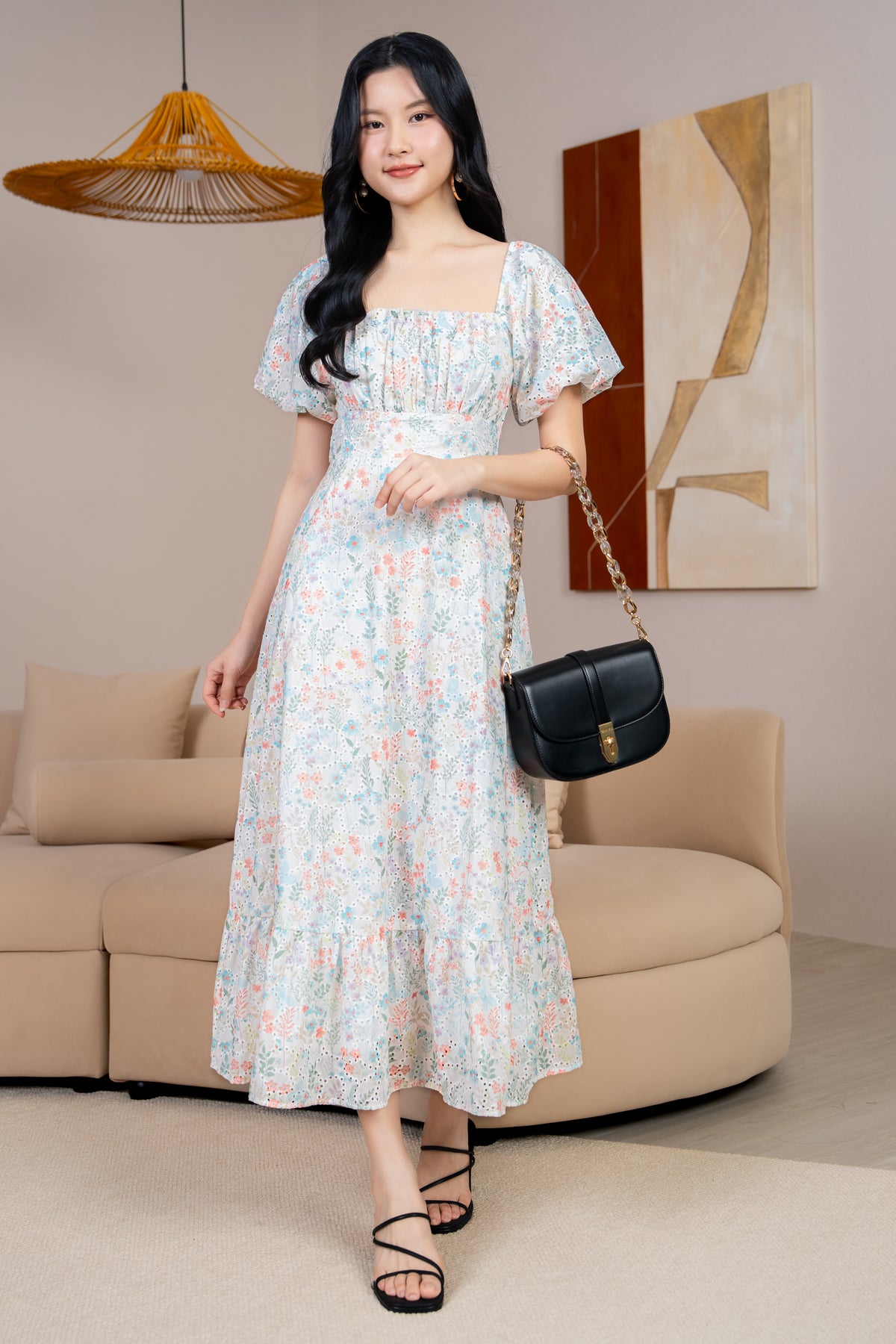 Cindy Floral Eyelet Ruched Dress in Peach Cyan