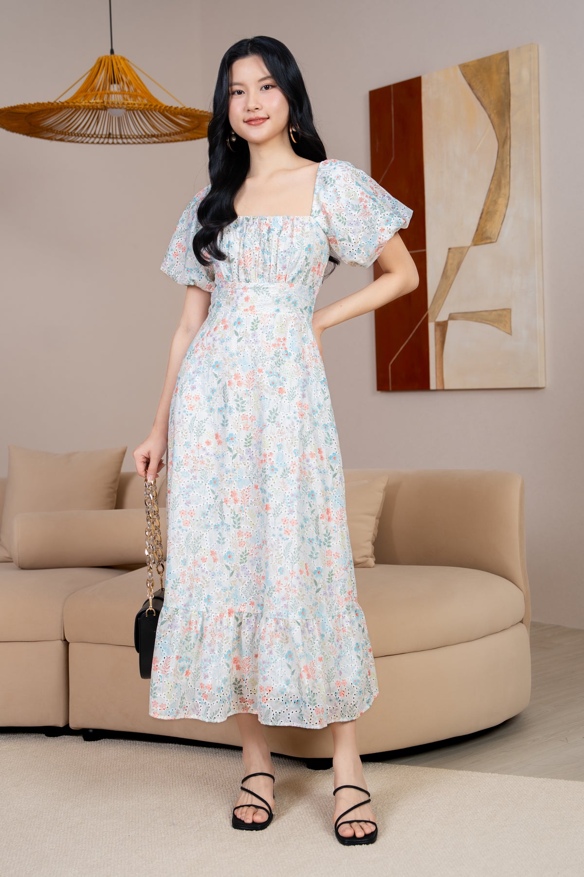 Cindy Floral Eyelet Ruched Dress in Peach Cyan