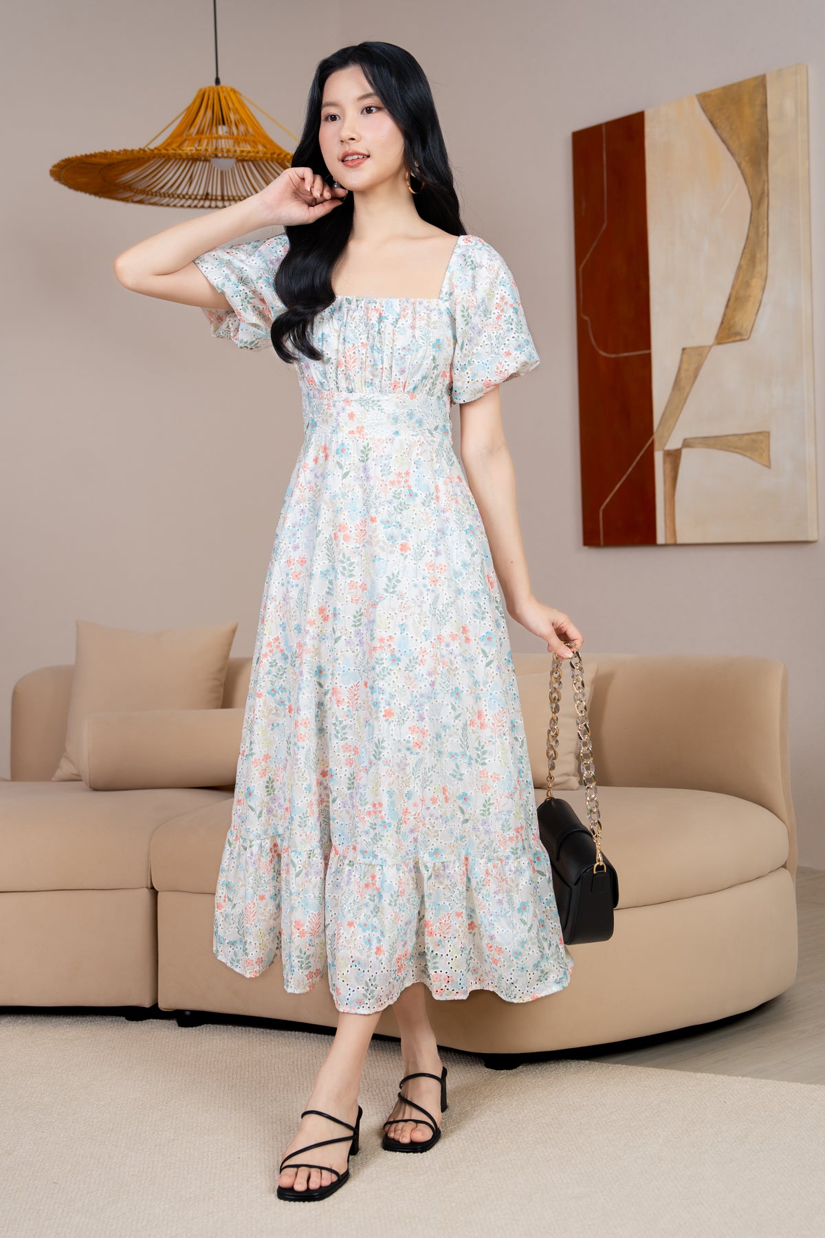 Cindy Floral Eyelet Ruched Dress in Peach Cyan