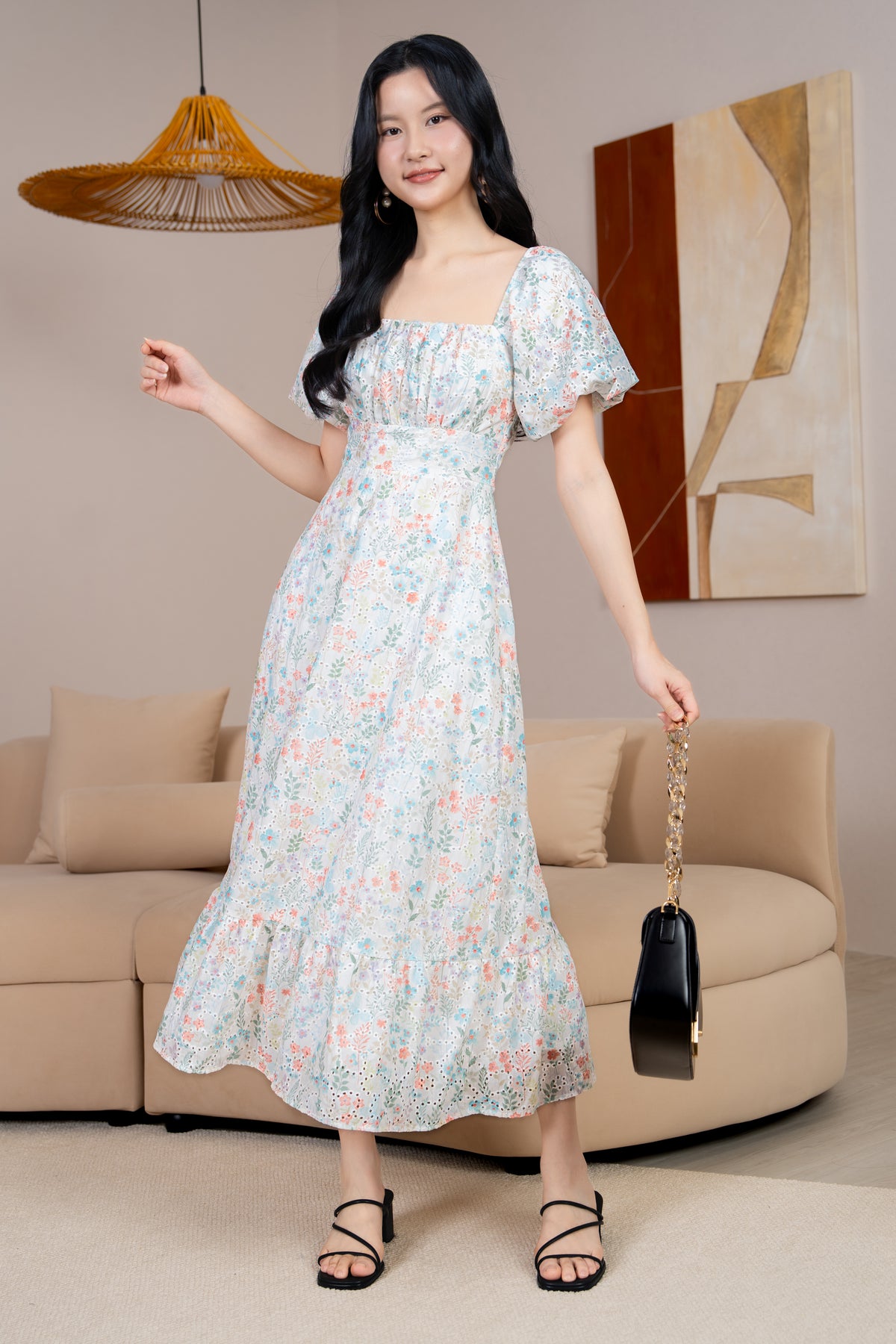 Cindy Floral Eyelet Ruched Dress in Peach Cyan