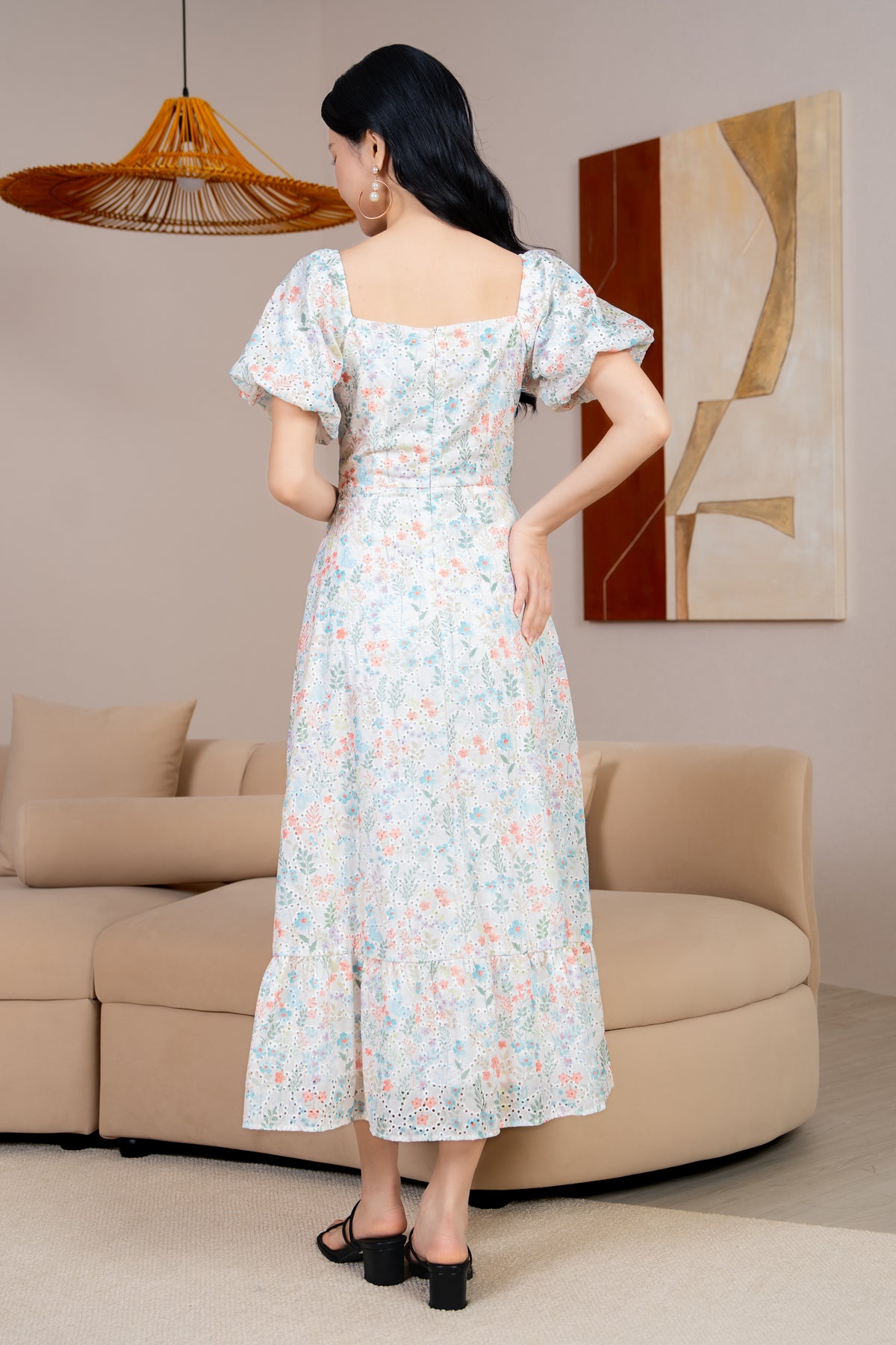 Cindy Floral Eyelet Ruched Dress in Peach Cyan