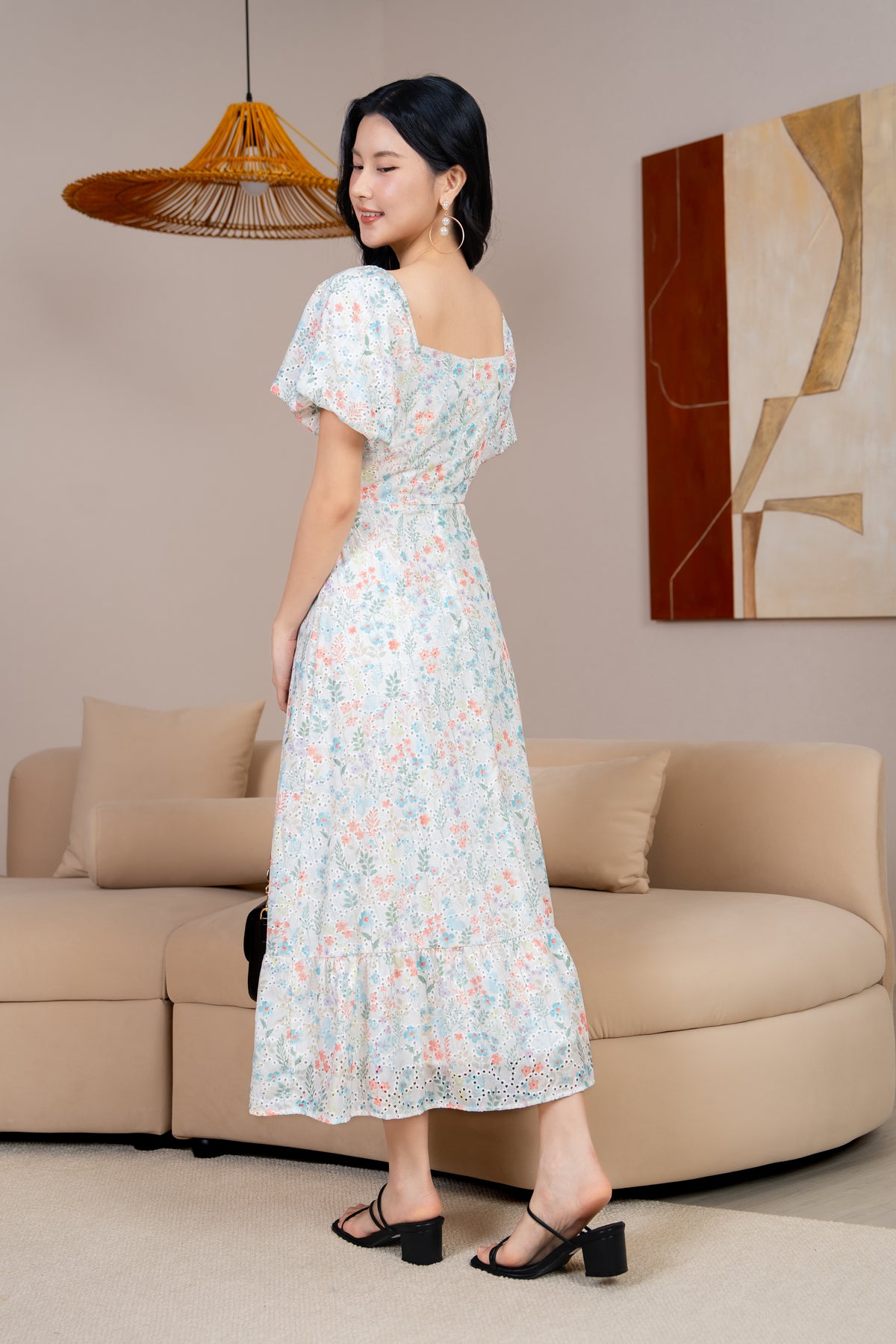 Cindy Floral Eyelet Ruched Dress in Peach Cyan