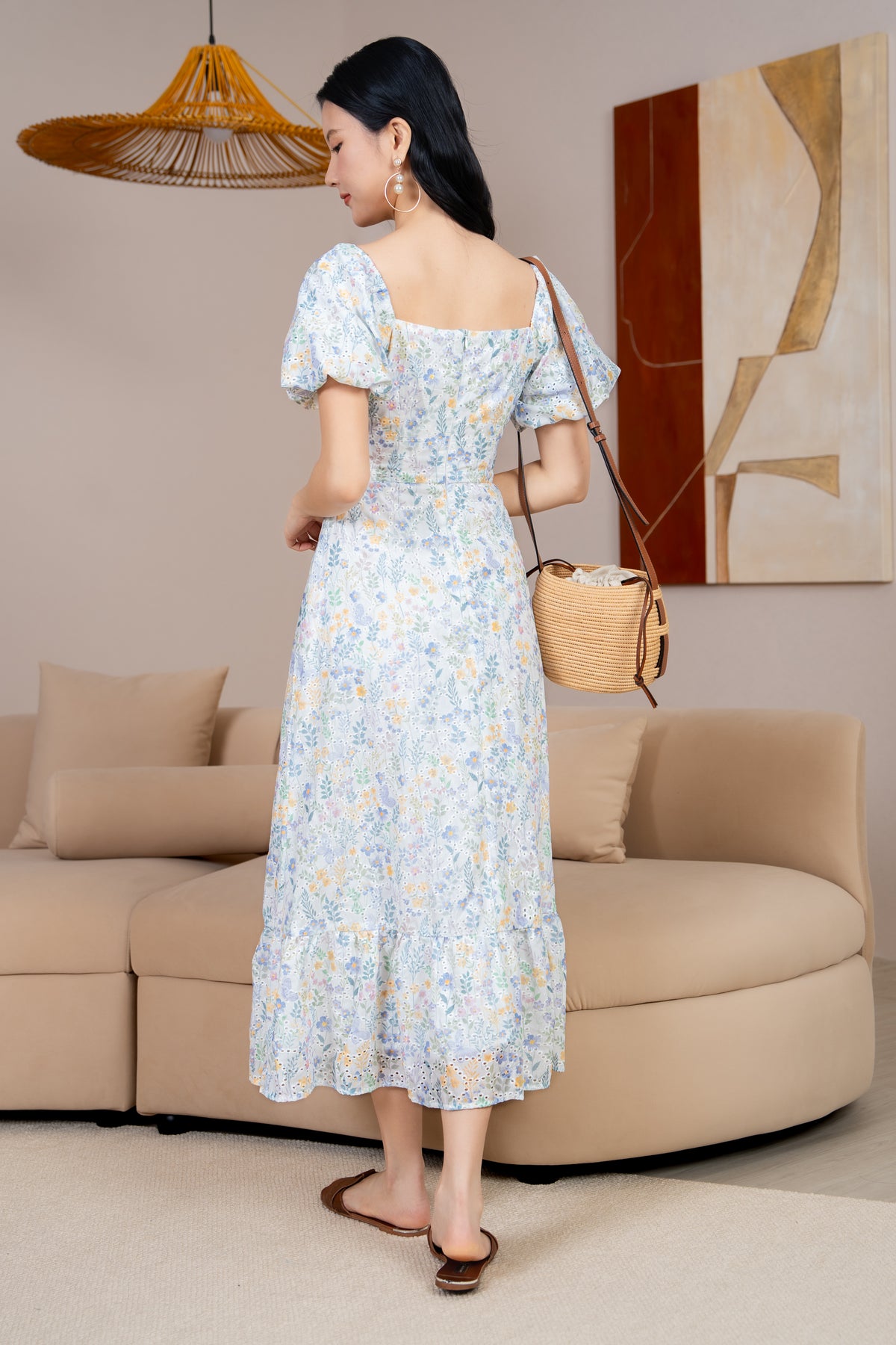 Cindy Floral Eyelet Ruched Dress in Yellow Iris