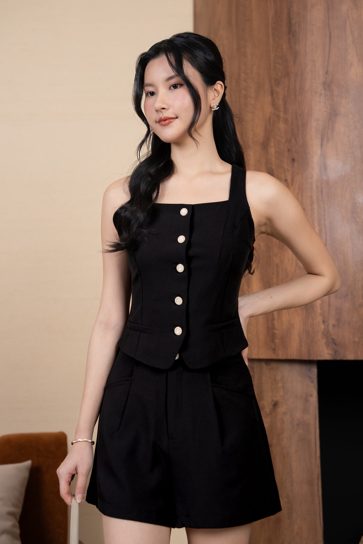 Pearl Button Vest in Black