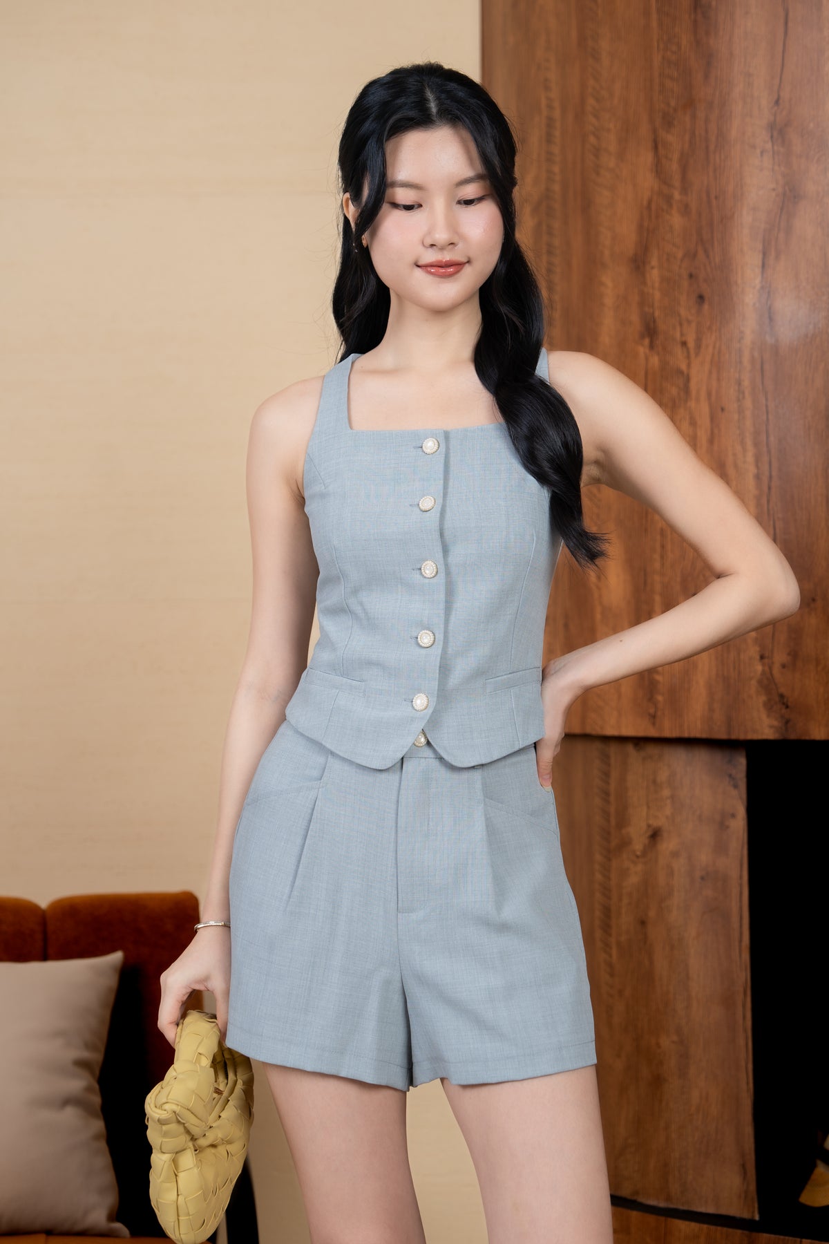 Pearl Button Vest in Grey