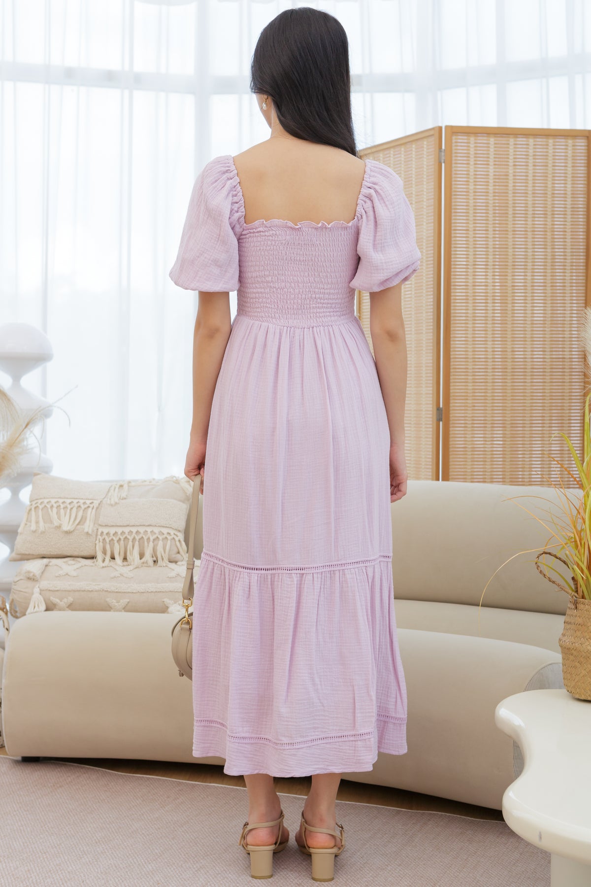 Daphne Pouf Sleeves Smocked Dress in Lilac