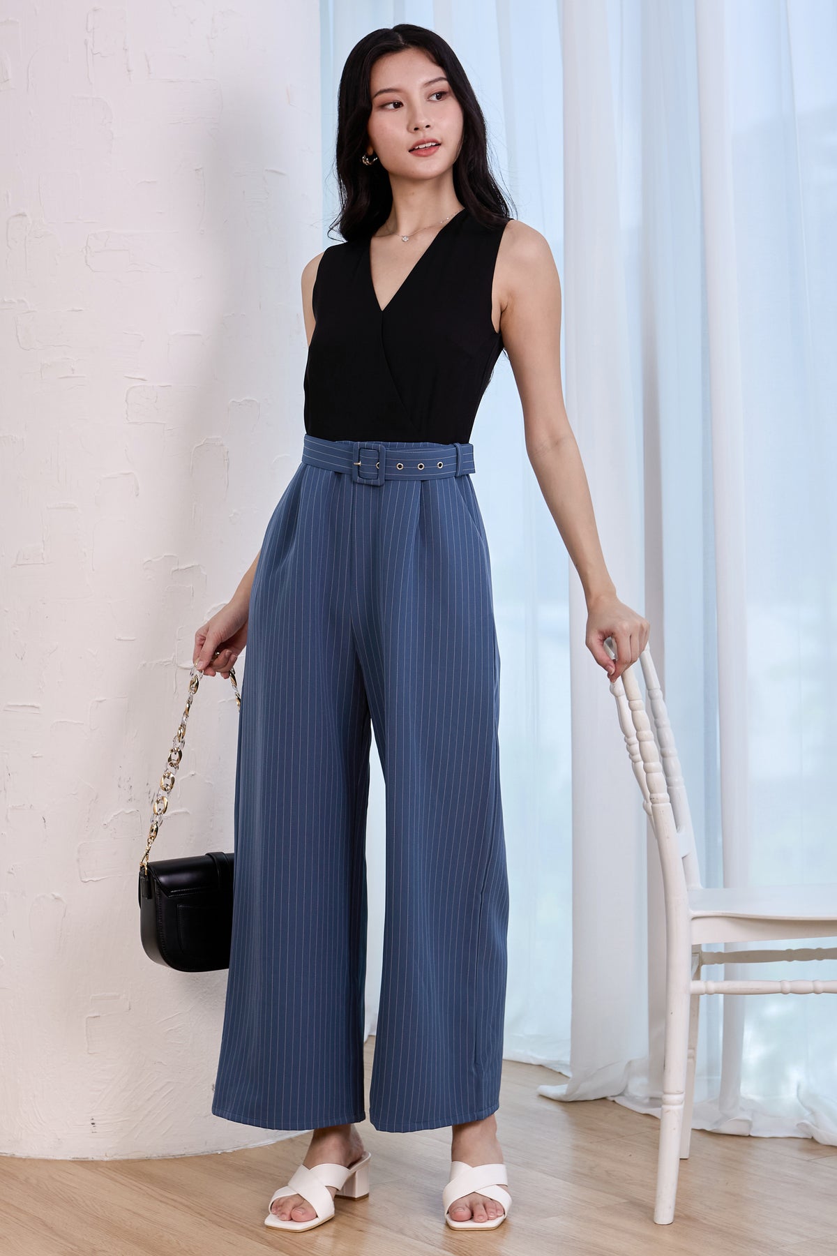 V-Neck Striped Colourblock Jumpsuit in Black Teal