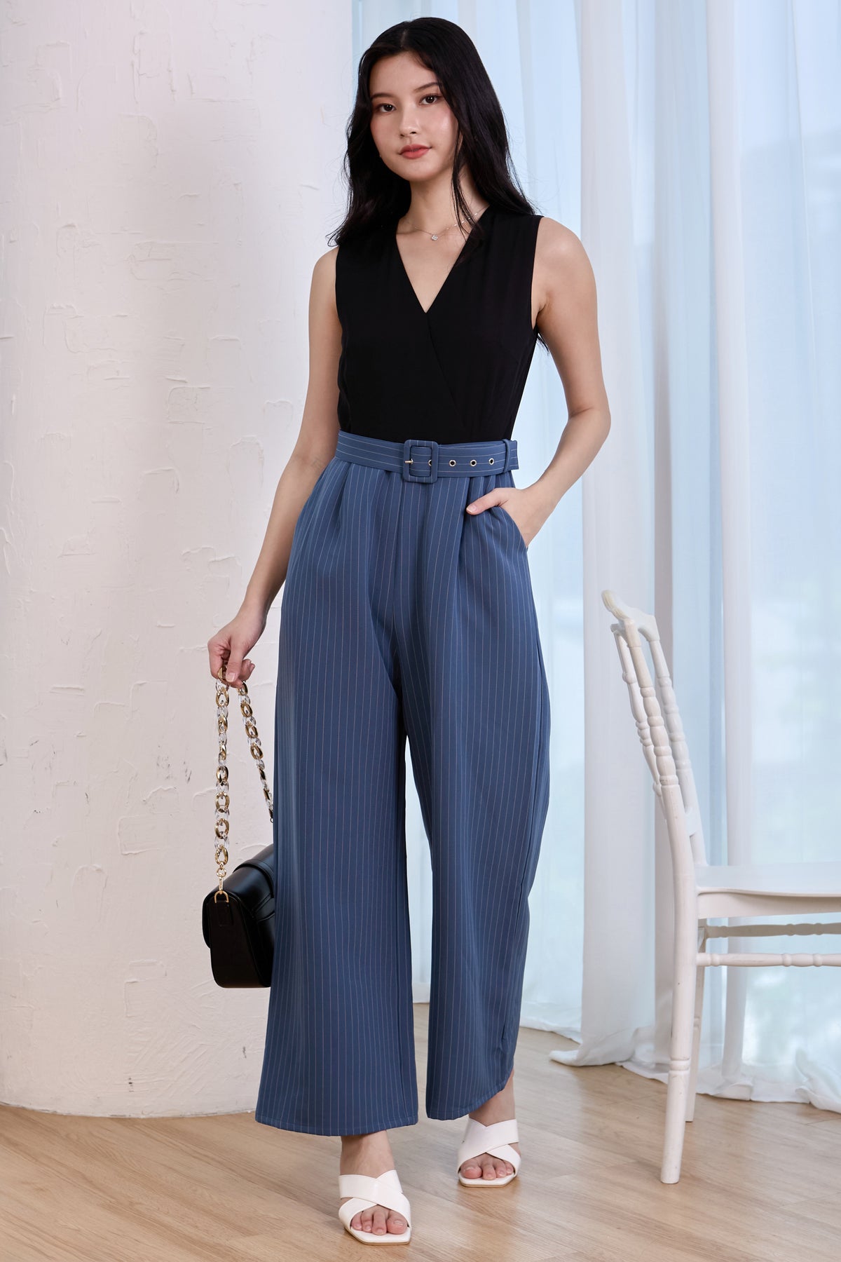 V-Neck Striped Colourblock Jumpsuit in Black Teal