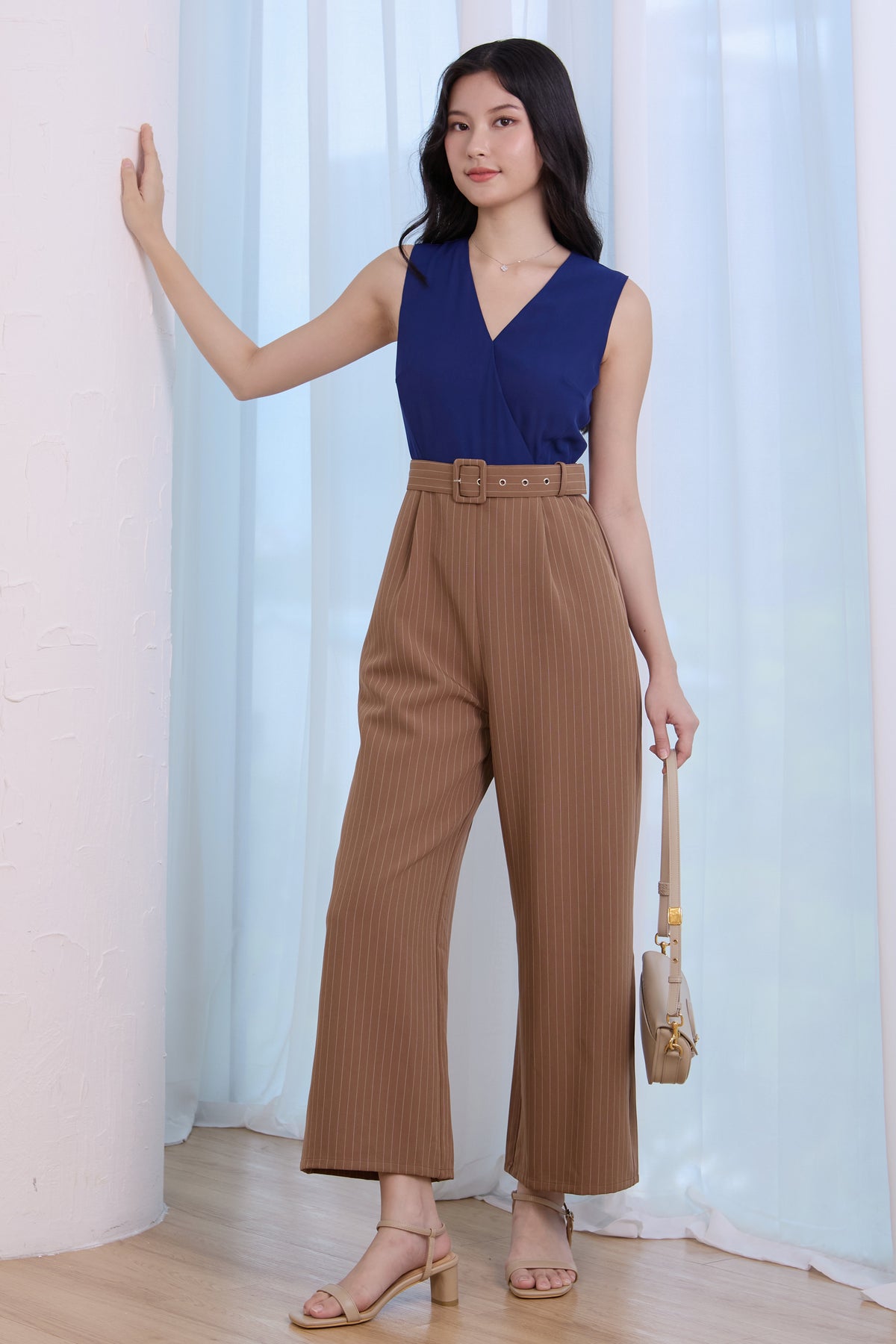 V-Neck Striped Colourblock Jumpsuit in Navy Brown