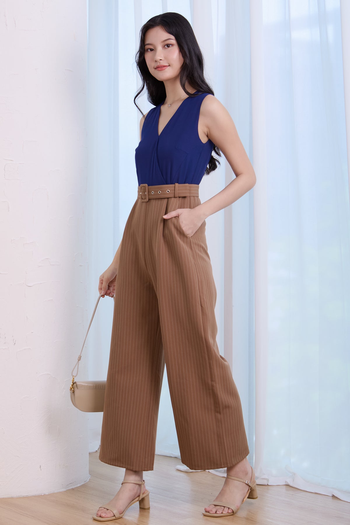 V-Neck Striped Colourblock Jumpsuit in Navy Brown