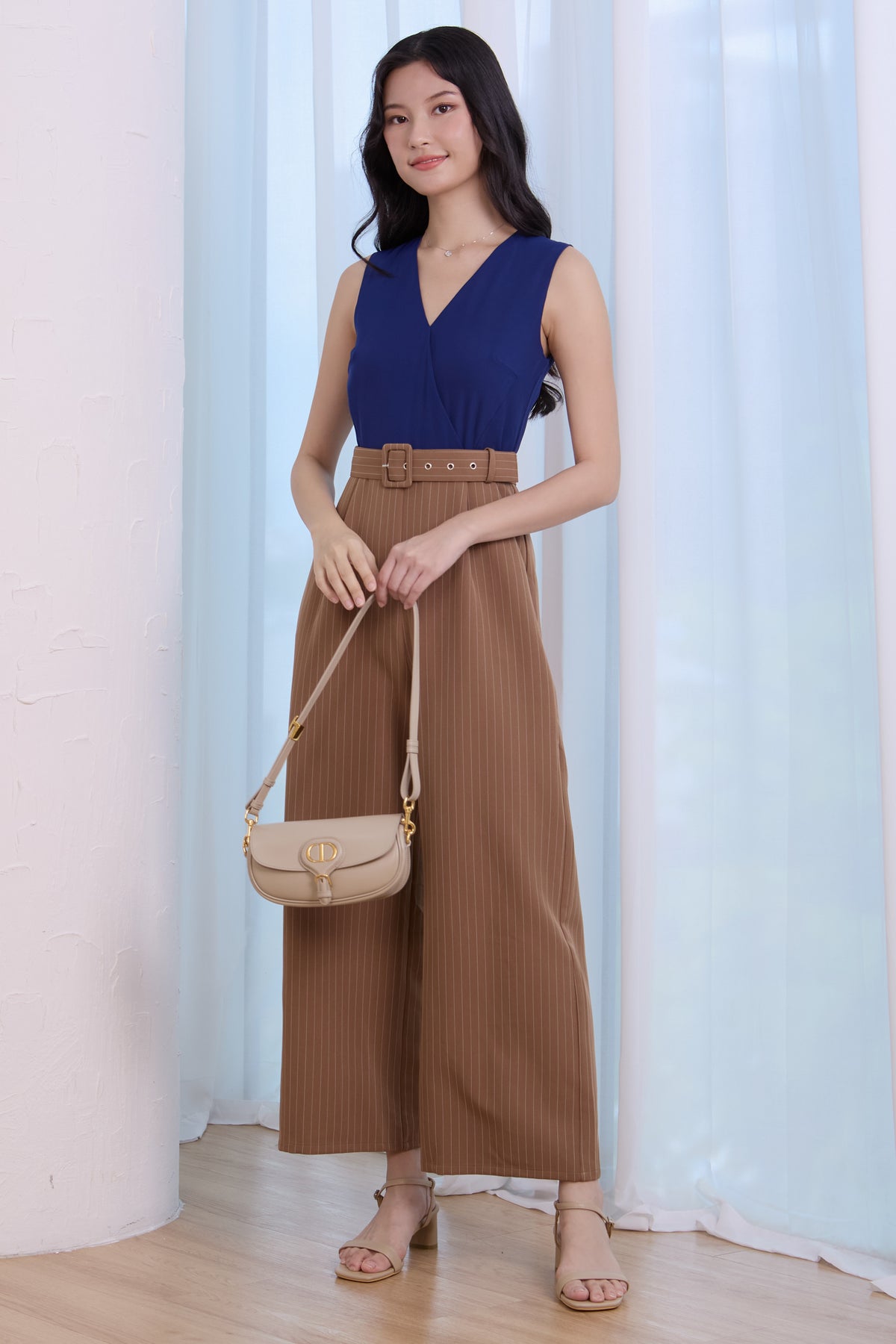 V-Neck Striped Colourblock Jumpsuit in Navy Brown