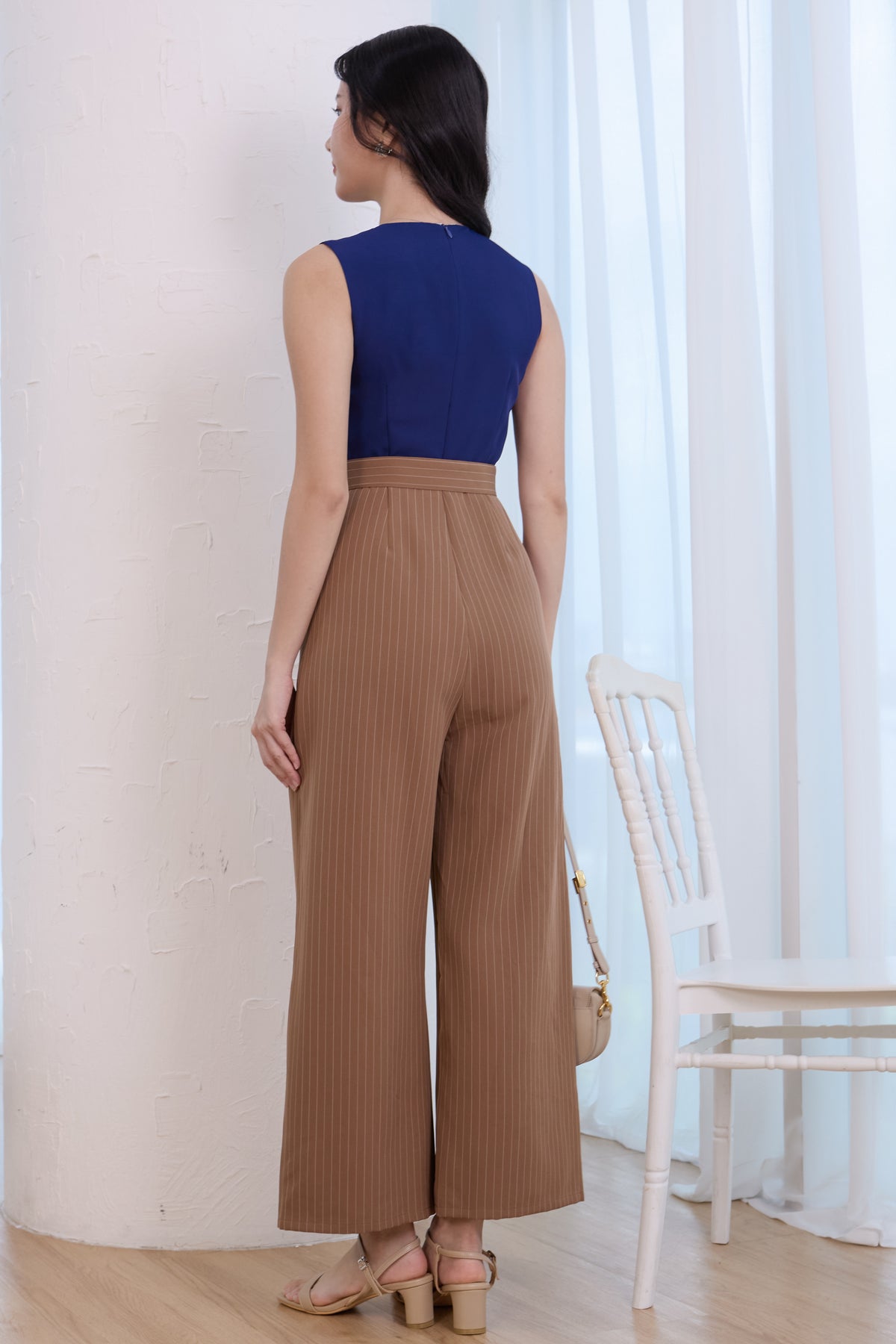 V-Neck Striped Colourblock Jumpsuit in Navy Brown