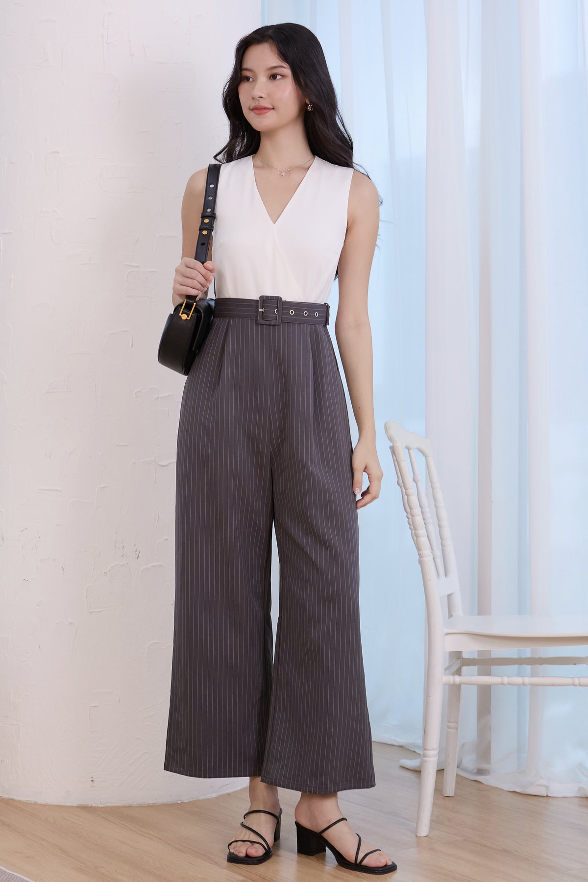 V-Neck Striped Colourblock Jumpsuit in White Grey