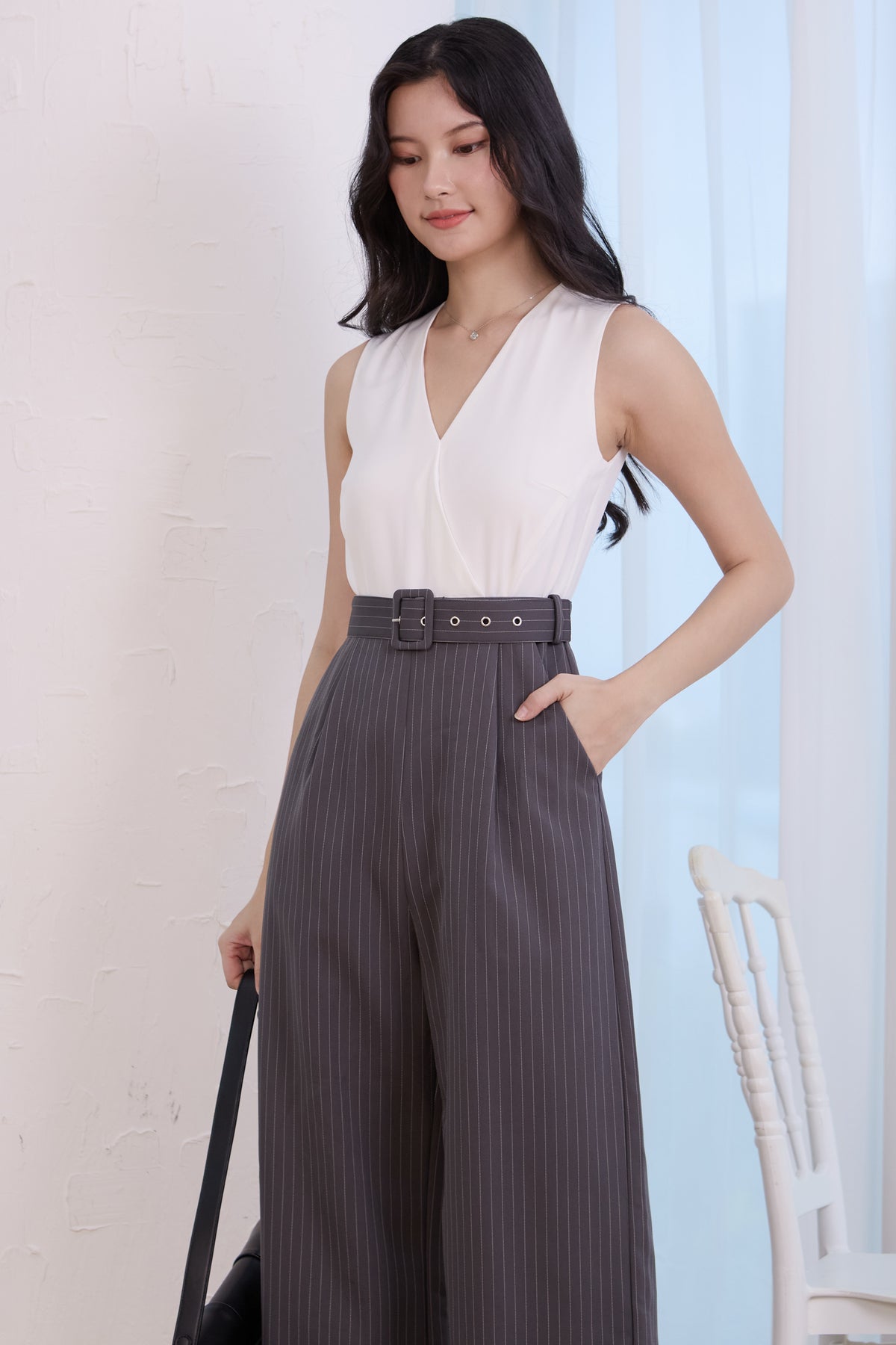 V-Neck Striped Colourblock Jumpsuit in White Grey