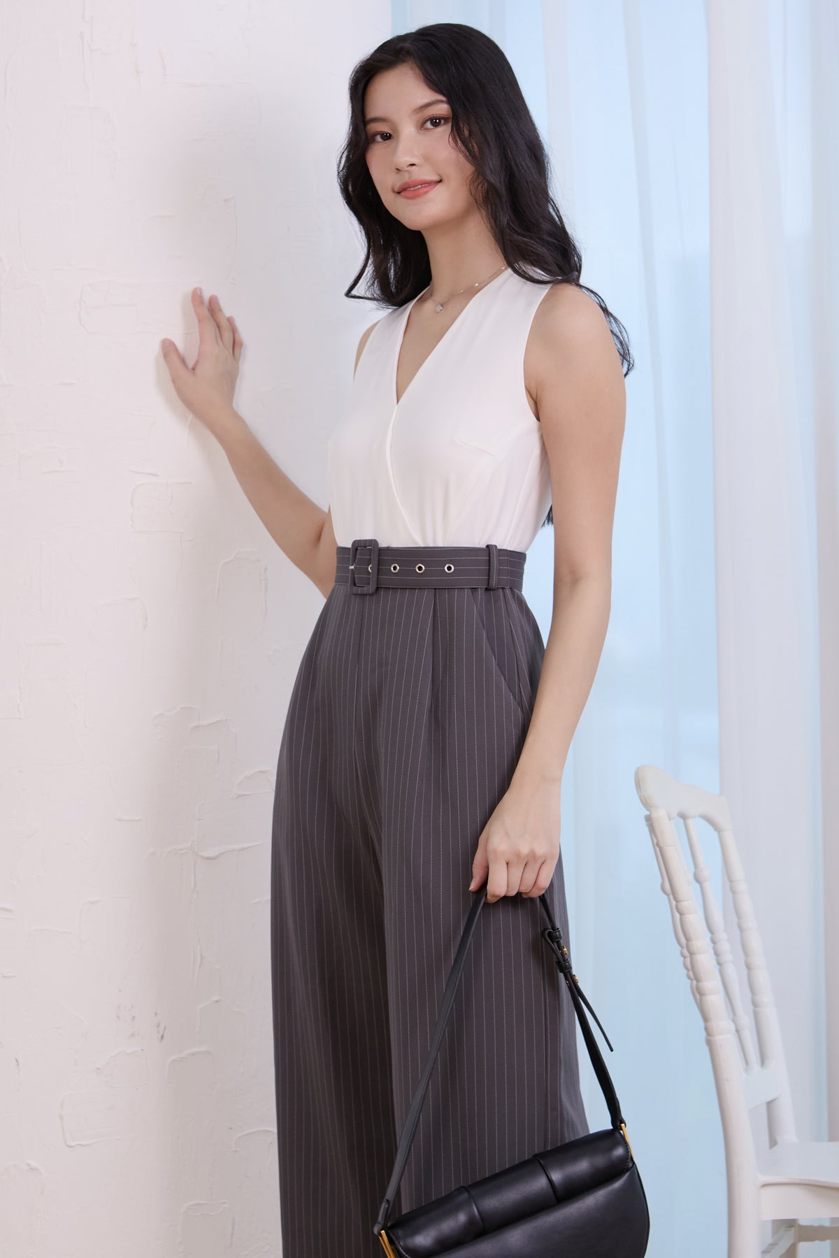 V-Neck Striped Colourblock Jumpsuit in White Grey