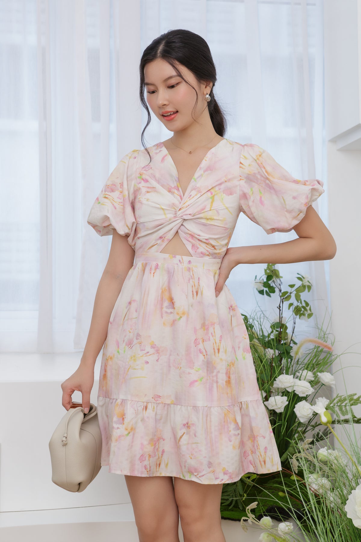 Water Lily Puffy Sleeve Twist-Front Mini Dress in Pink