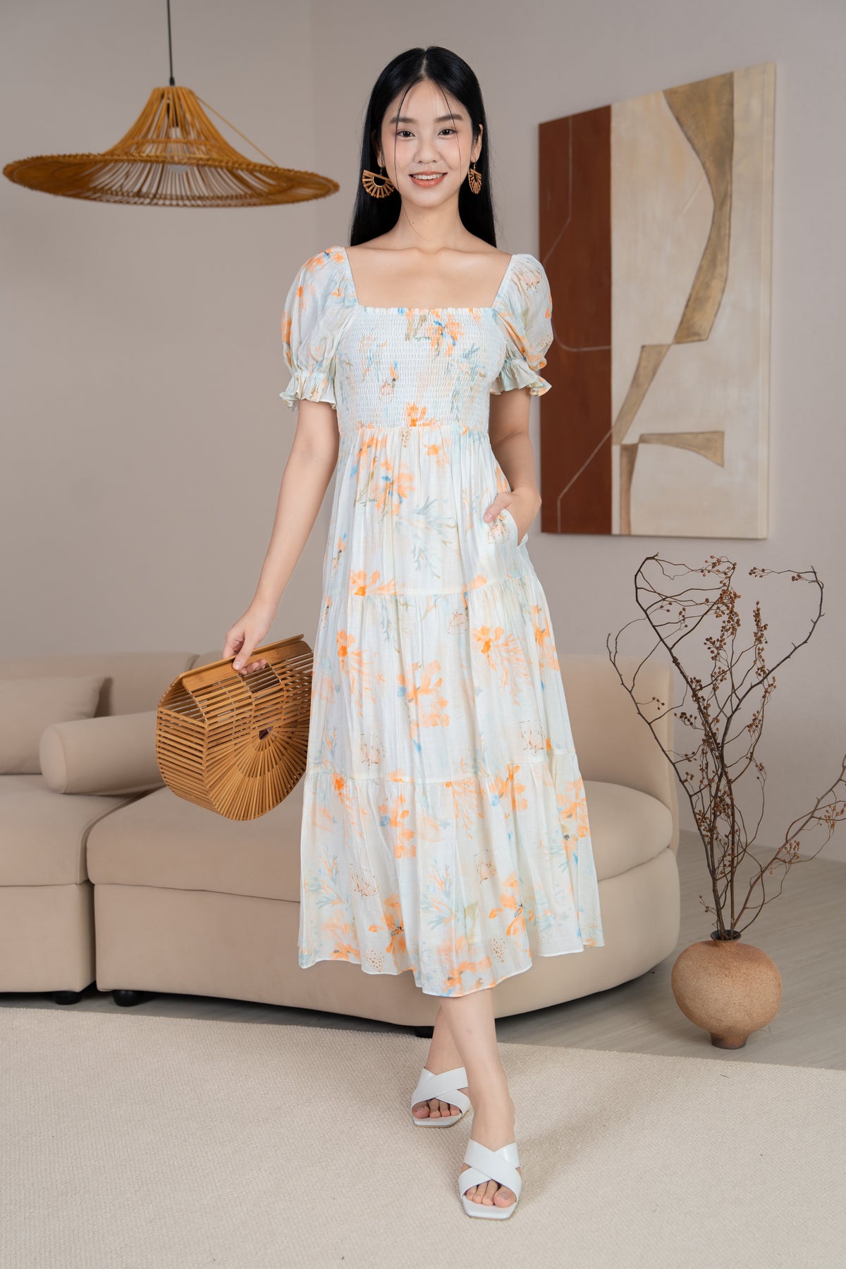 Penny Puff Sleeves Smocked Dress in Orange Poppy