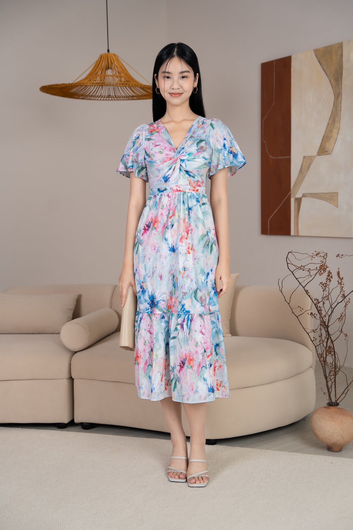 Emma Knot-Front Flutter Sleeves Dress in Blue Florals