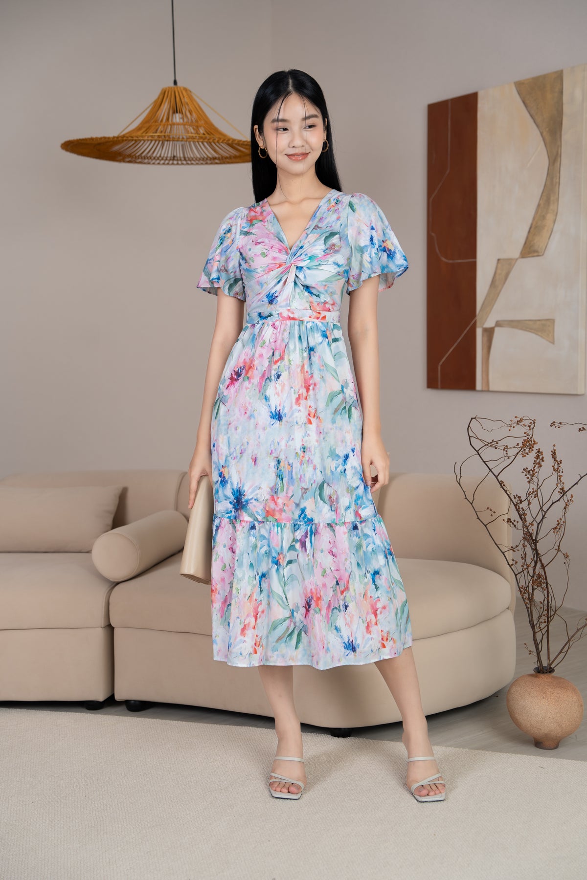 Emma Knot-Front Flutter Sleeves Dress in Blue Florals