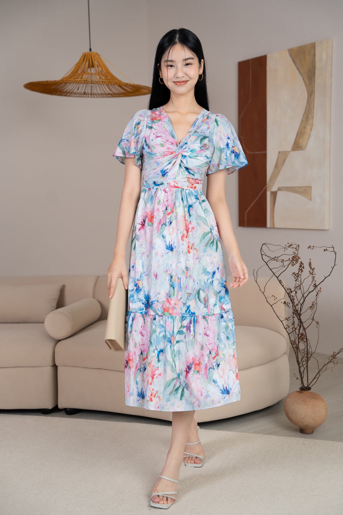 Emma Knot-Front Flutter Sleeves Dress in Blue Florals