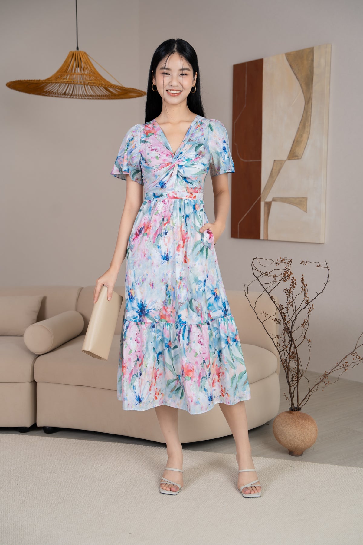 Emma Knot-Front Flutter Sleeves Dress in Blue Florals