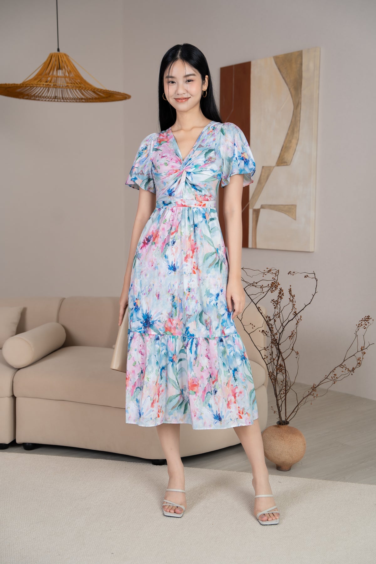 Emma Knot-Front Flutter Sleeves Dress in Blue Florals