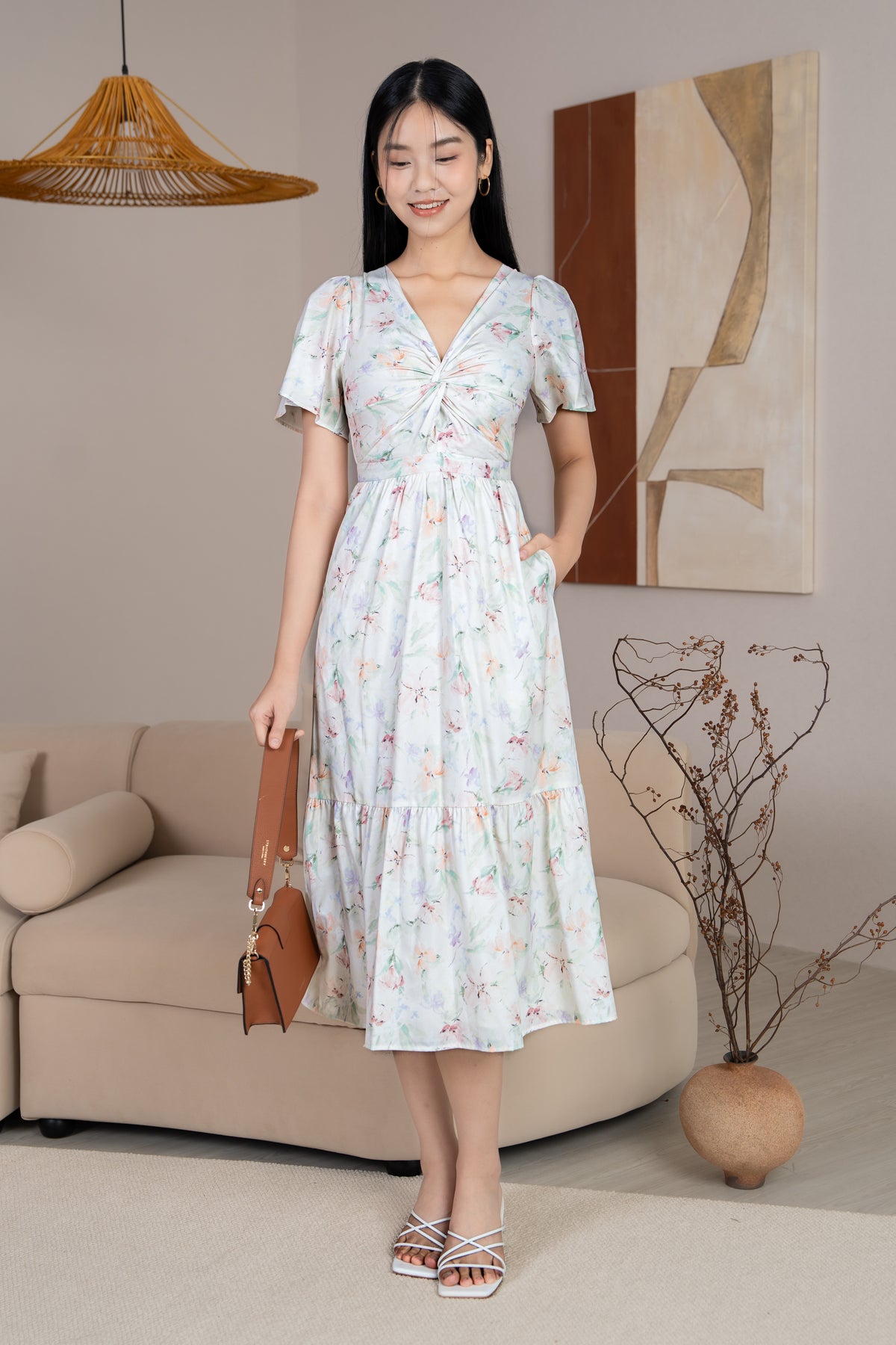 Emma Knot-Front Flutter Sleeves Dress in Sage Florals