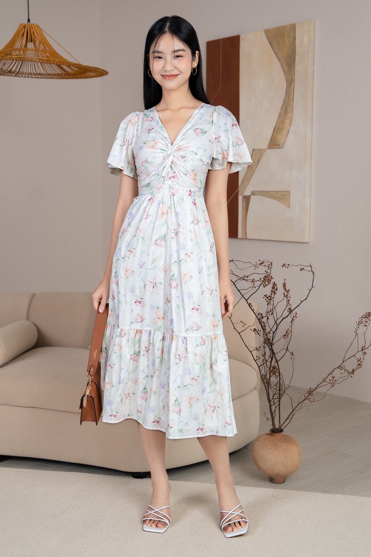 Emma Knot-Front Flutter Sleeves Dress in Sage Florals