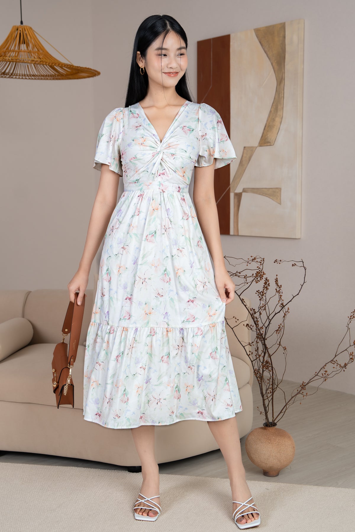 Emma Knot-Front Flutter Sleeves Dress in Sage Florals