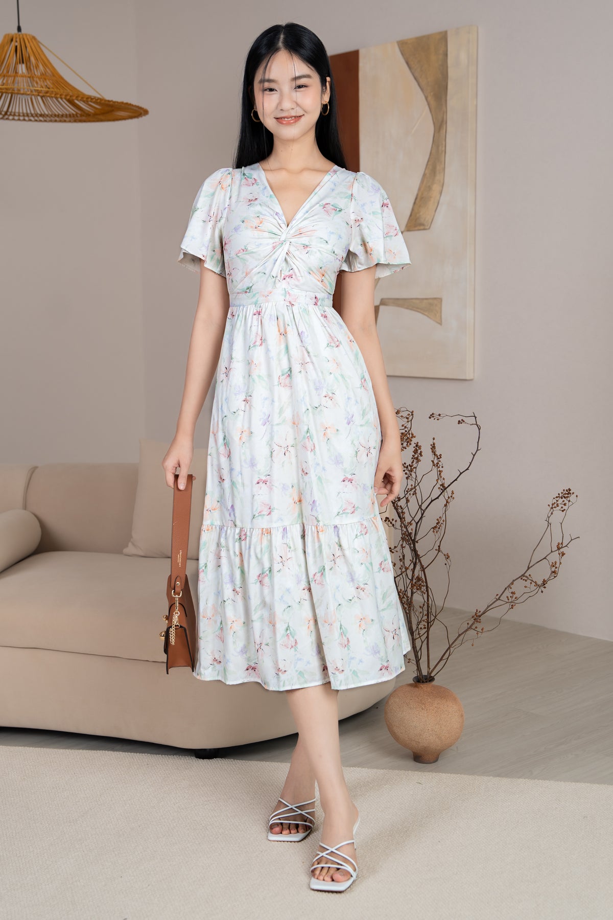 Emma Knot-Front Flutter Sleeves Dress in Sage Florals