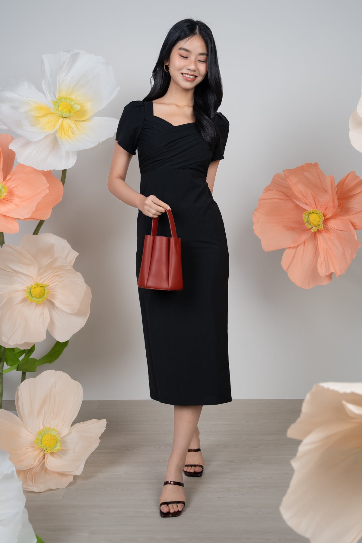 Amanda Sweetheart Wrap Pencil Dress in Black